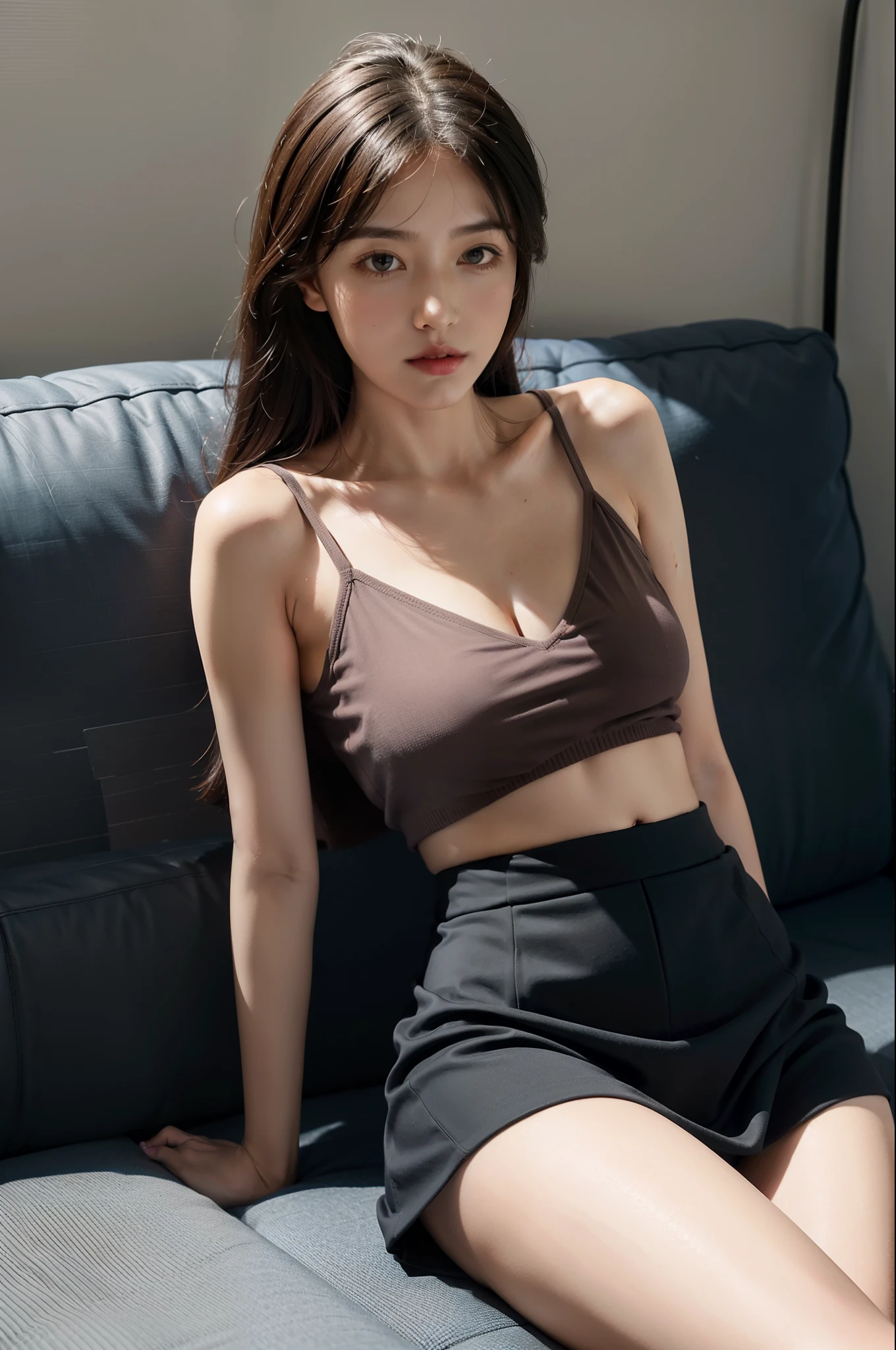1girll,Sit on a comfortable sofa,Cross ed leg,Soft light,Expose the abdomen and chest,Wearing a JK skirt