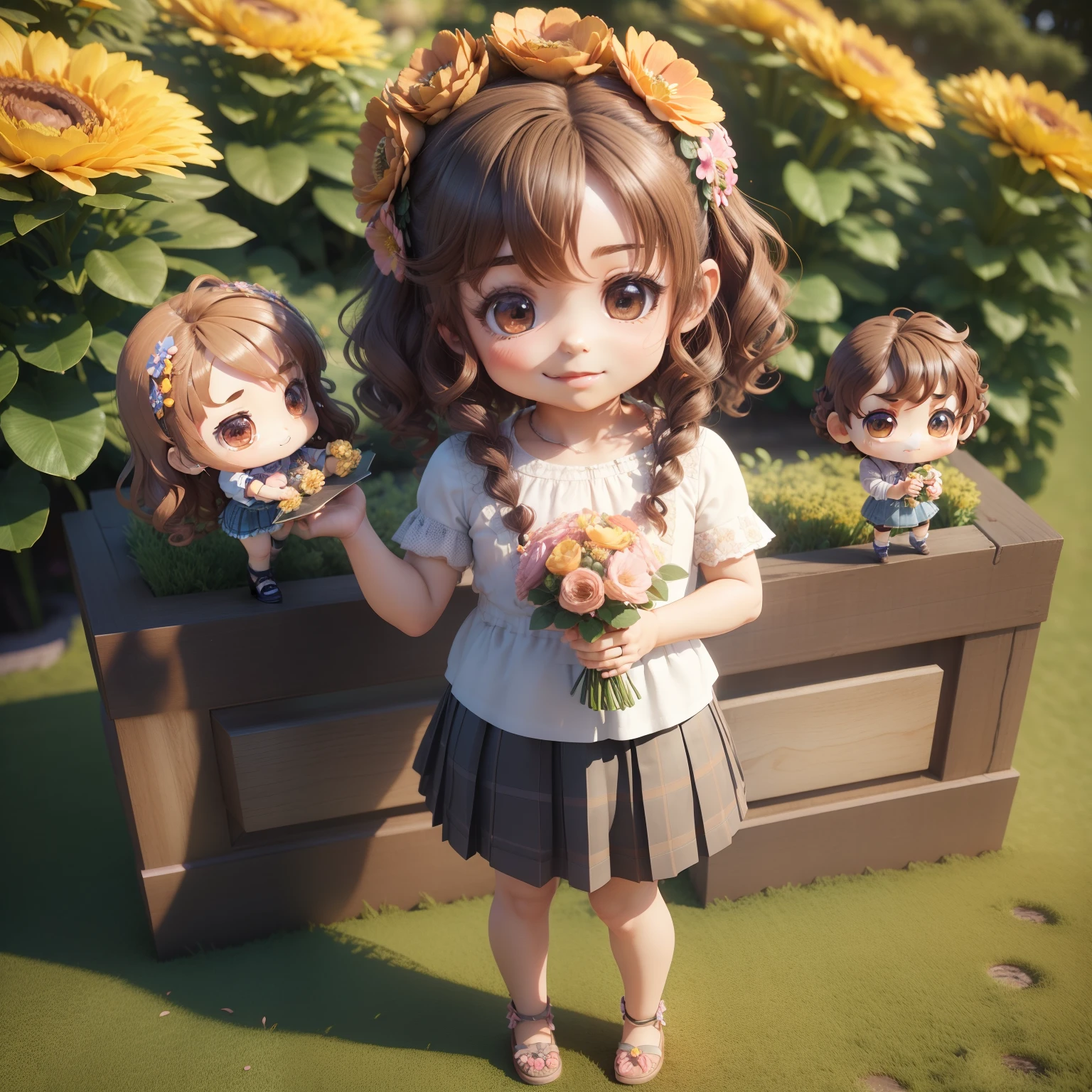(((chibi3d))) (best quality) (masterprice) Cute Chibi Anime,Curly Sauvage Hairstyles with Brown Hair,A smile,Denim shirts and(Floral Pleated Skirt:1.2),The background is the Royal Botanic Gardens, Bouquet of flowers in both hands