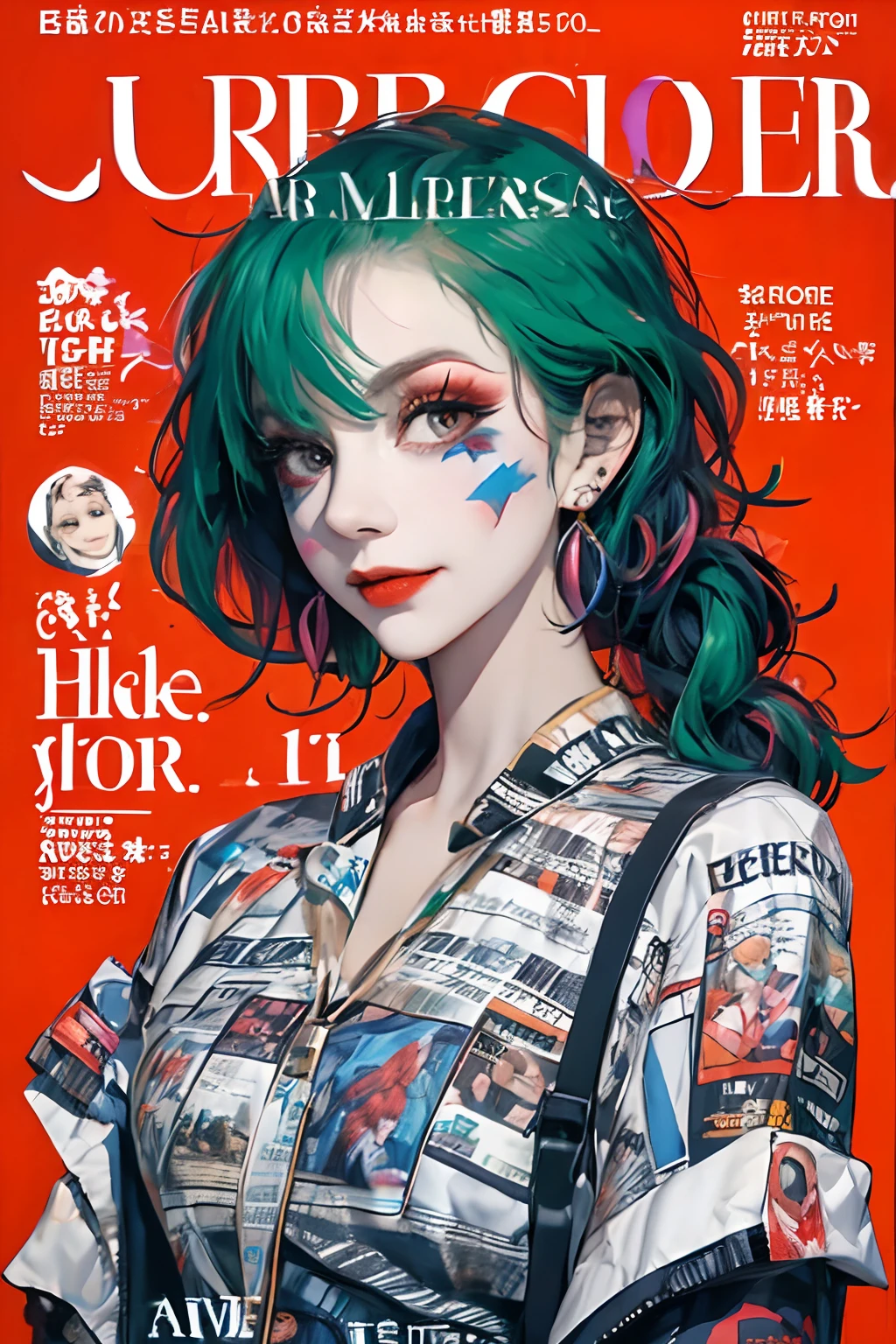 masterpiece, best quality, joker outfit, colorful neon hair, joker makeup,outdoor, magazine cover ,upper body,