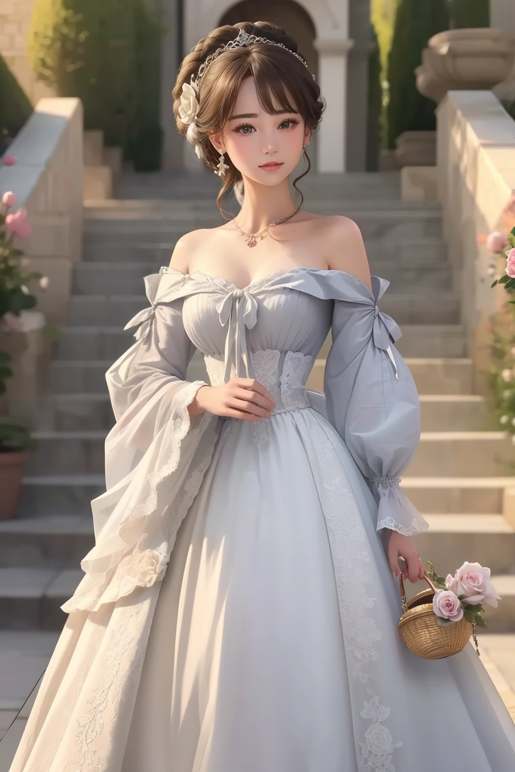 ((top-quality、masterpiece、photographrealistic:1.4、8K))、1 beautiful detailed girl、extremely detailed eye and face、beatiful detailed eyes、(Marie Antoinette is going to come in an antique gorgeous dress)、Luxury Accessories、Elegant smile、(Walking on a long stone staircase outside、Roses and castles in the background)、Beautiful lighting、Textured skin、Super Detail、high detailing、High quality、hight resolution、(looking at the viewers)