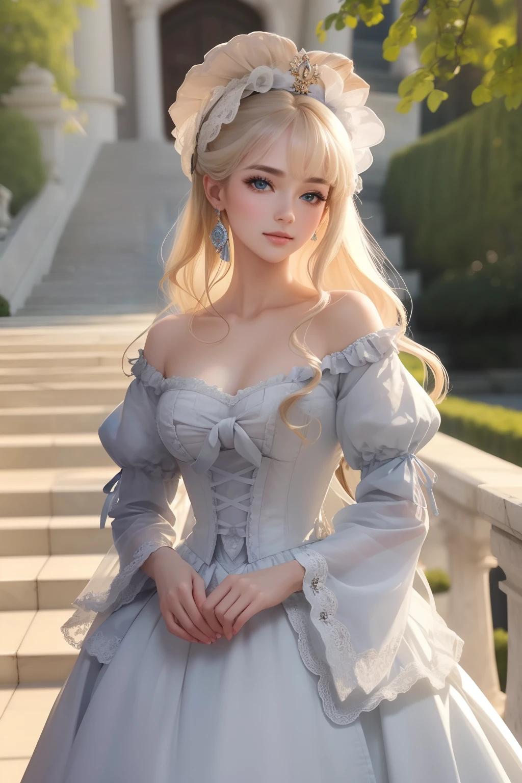 ((top-quality、masterpiece、photographrealistic:1.4、8K))、1 beautiful detailed girl、extremely detailed eye and face、beatiful detailed eyes、(Marie Antoinette is going to come in an antique gorgeous dress)、Luxury Accessories、Elegant smile、(Walking on a long stone staircase outside、Roses and castles in the background)、Beautiful lighting、Textured skin、Super Detail、high detailing、High quality、hight resolution、(looking at the viewers)