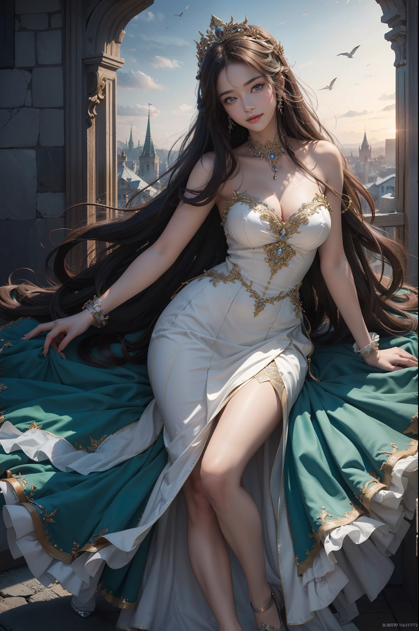 ((top-quality、​masterpiece、photographrealistic:1.4、in 8K))、Beautuful Women、18year old、beautiful countenance、extremely detailed eye and face、beatiful detailed eyes、（Luxury dresses in the style of medieval Europe、Princess）、Luxury accessories、（Forests and European castles）、a bird、Skysky、Cinematic lighting、Textured skin、Super Detail、high detailing、High quality、hight resolution、looking at viewer、Elegant smile、full body、europian