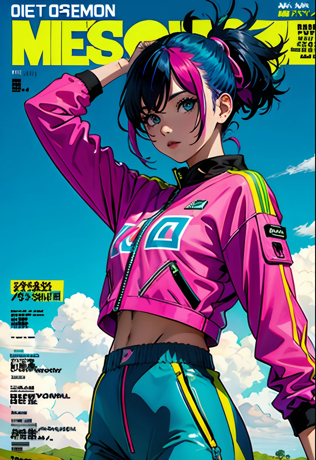 masterpiece, best quality, neon outfit, colorful hair, outdoor, magazine cover ,upper body,