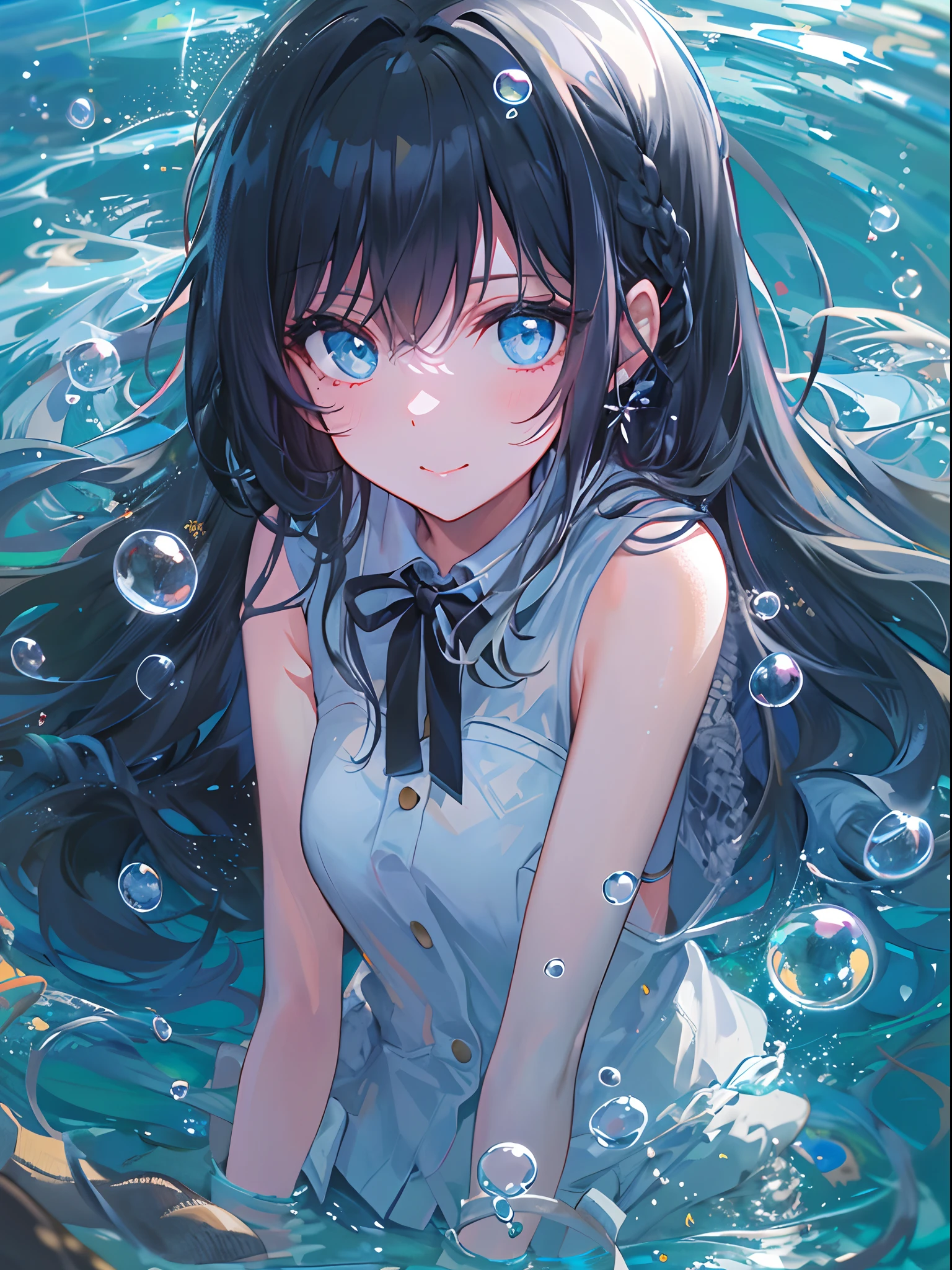 ((top-quality)), ((masterpiece)), ((ultra-detailliert)), (extremely delicate and beautiful), girl with, 独奏, cold attitude,((Black jacket)),She is very(relax)with the(Settled down)Looks,A dark-haired, depth of fields,evil smile,Bubble, under the water, Air bubble,bright light blue eyes,Inner color with black hair and light blue tips,Cold background,Bob Hair - Linear Art, shortpants、knee high socks、White uniform like school uniform、Light blue ribbon ties、Clothes are sheer、Hands in pockets、Ponytail hair