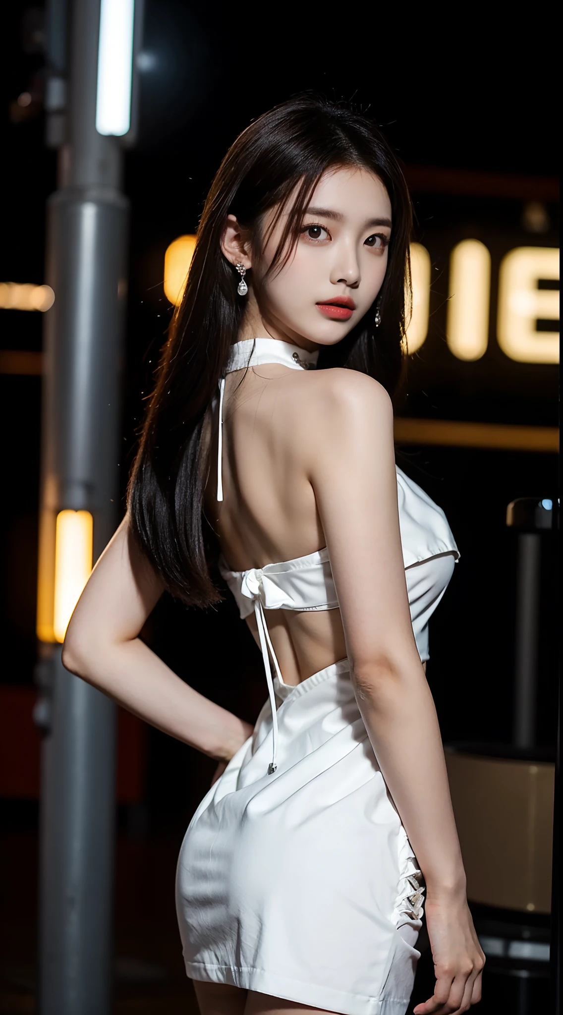 8K,tmasterpiece,RAW photos,best qualtiy,the detail:1.2),hentail realism,Very detailed CG unified 8k,8K,Diamonds and wallpapers,depth of fields,Motion picture film light,Lens flash,Light Tracking,(very pretty look face,beautifullips,beautidful eyes),intricate detail face,((Hyper detailed skin))1girll,Korean female model,Dark night in the dark,deepshadow,Pretty Korean girl,Kpop idol,(Very slim and slender muscular body:1.3),(View the audience),(Tight miniskirt),(Red dress),(Injection sleeve),(City Night,(neon lights sign),(the night),Beautiful Korean girl earrings,bangle,choker necklace,Lace-up pantyhose,Clear eyes,Walk,(paleskin),Face forward,(largeeyes),((upperbody shots)),tightly dress,Silk dress,Lace-up dress,see through dresses,Turning around,back shots,Very slim,slander,slander