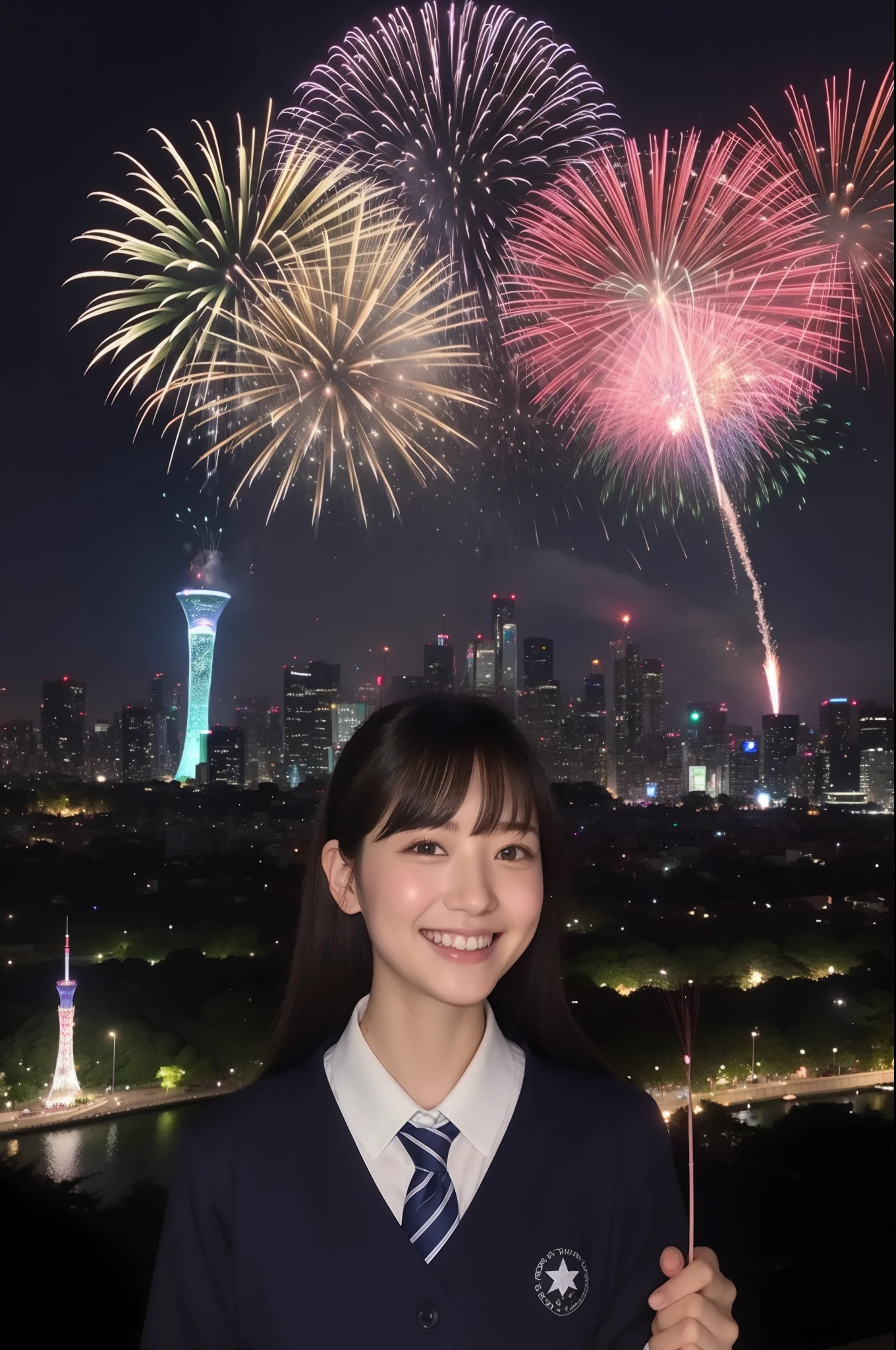 A smile、hi-school girl、校服、While doing fireworks、mare、Tokyo Skytree、cherry trees、a moon、stele、Aurora