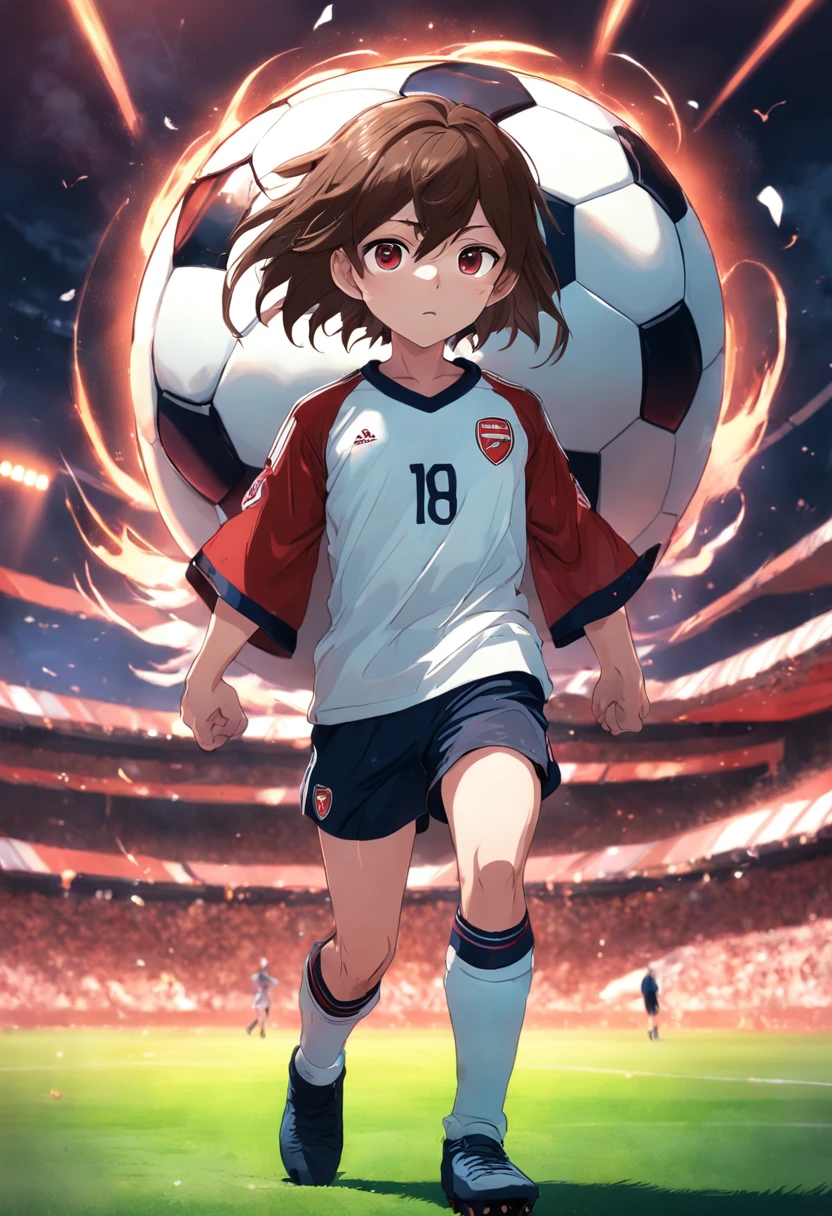 soccer ball,Arsenal,brunette color hair,younge boy,High quality paintings,The character is centered,Close-up of people
