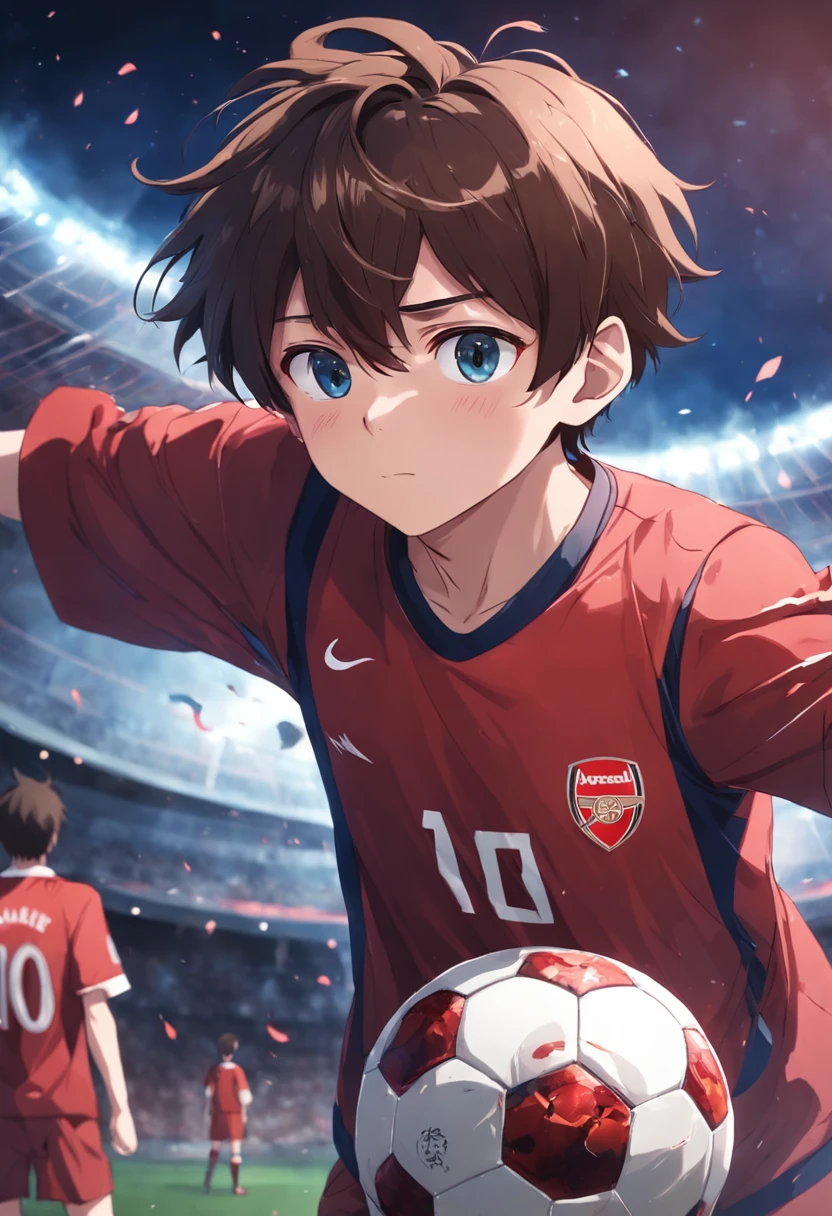 soccer ball，Arsenal，brunette color hair，younge boy，High quality paintings，The character is centered，Close-up of people