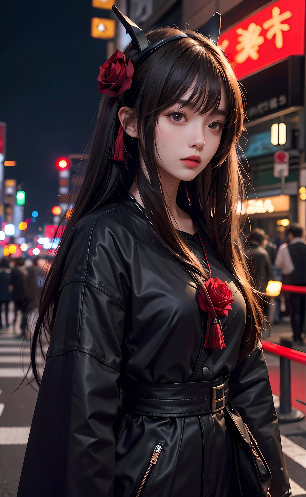 1girl, Tokyo street,night, cityscape,city lights, upper body,close-up, 8k, RAW photo, best quality, masterpiece,realistic, photo-realistic,headgear of red rose, parted bangs, long hair,