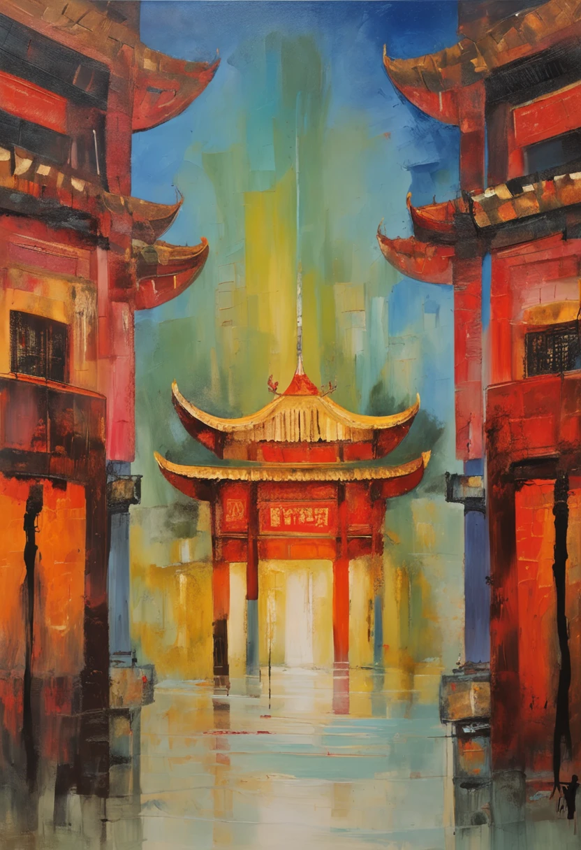 Chinese style, ancient architecture, temples, fireworks, modern cities in the distance, a combination of ancient and modern