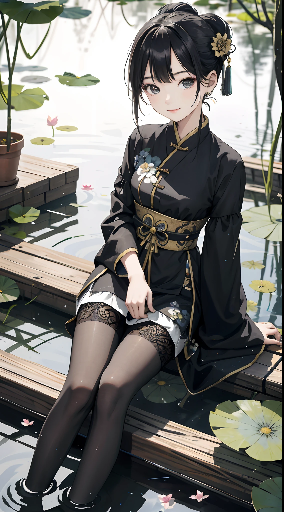 hoang lap,8K high resolution,ultra - detailed,(1girll:1.3),handpainted,Simple lines, wearing black Chinese clothing,beuaty girl,In the lotus pond,tmasterpiece,Sit on a plank floating in the water,Floating hair,black pantyhoses,black pantyhoses,looking toward the viewer,ssmile,posed for photo,