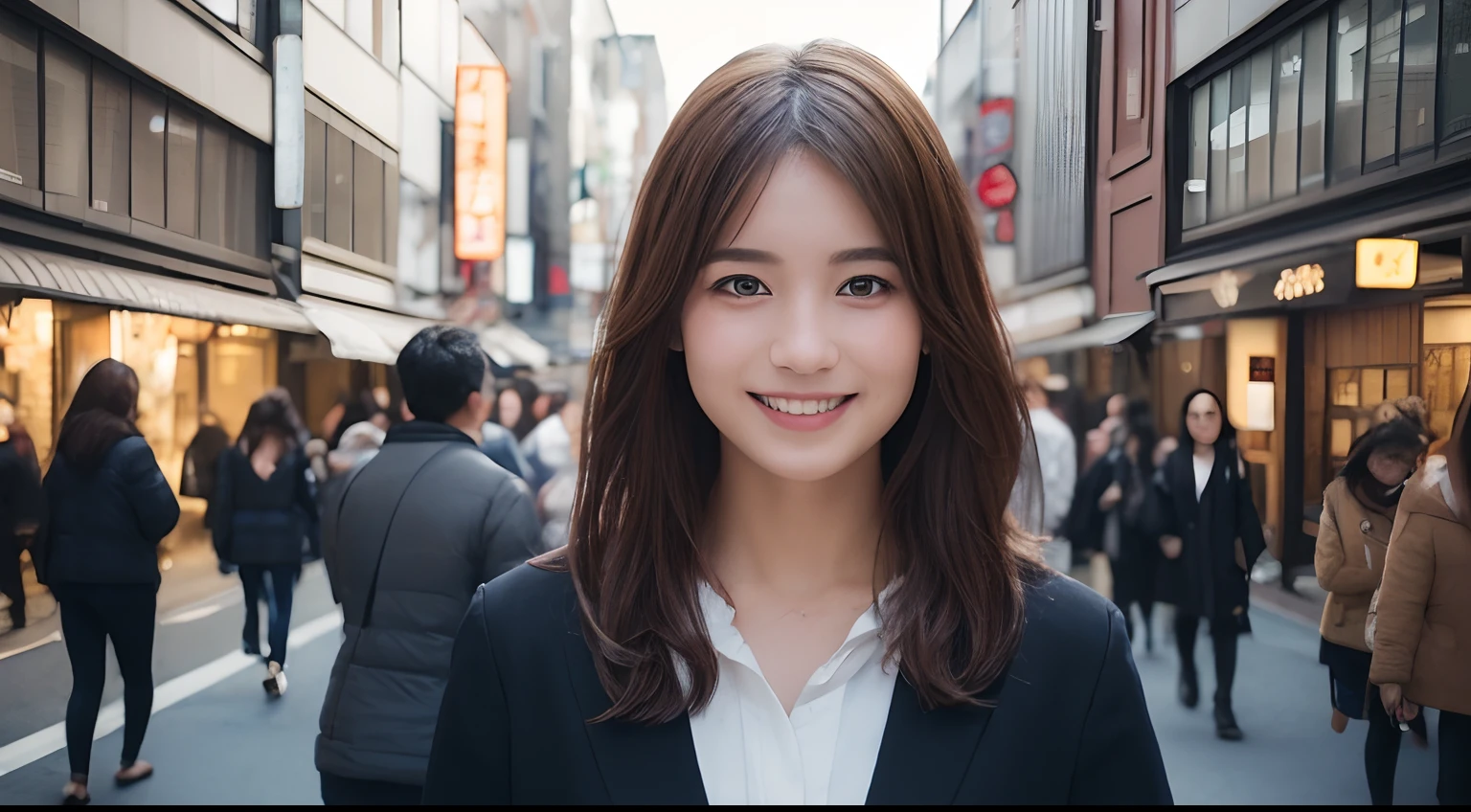 ((top-quality、8K、​masterpiece:1.3))、(1girl in)、A smile、full body Esbian、(Hardships at work),Slim Faces、Pretty women、(dark brown  hair)、Full-length dresses:1.1、hyperdetailed face、A detailed eye、二重まぶた、blured background、Slim Faces、城市、takeout、a street、japanes
