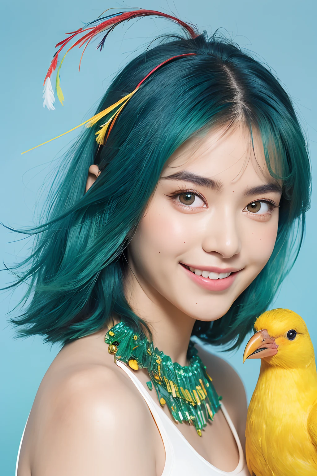 (extra detailed body、extra detailed face、best qualtiy:1.2)、femele、looking at the viewers、(Green mesh hair on white background、17 age、Outstanding smile、piercing of bird feathers down to the bottom of the shoulder,、a necklace、Tank top with blue and red and yellow bird feathers)、(Light blue wall on background:1.4)hippy。