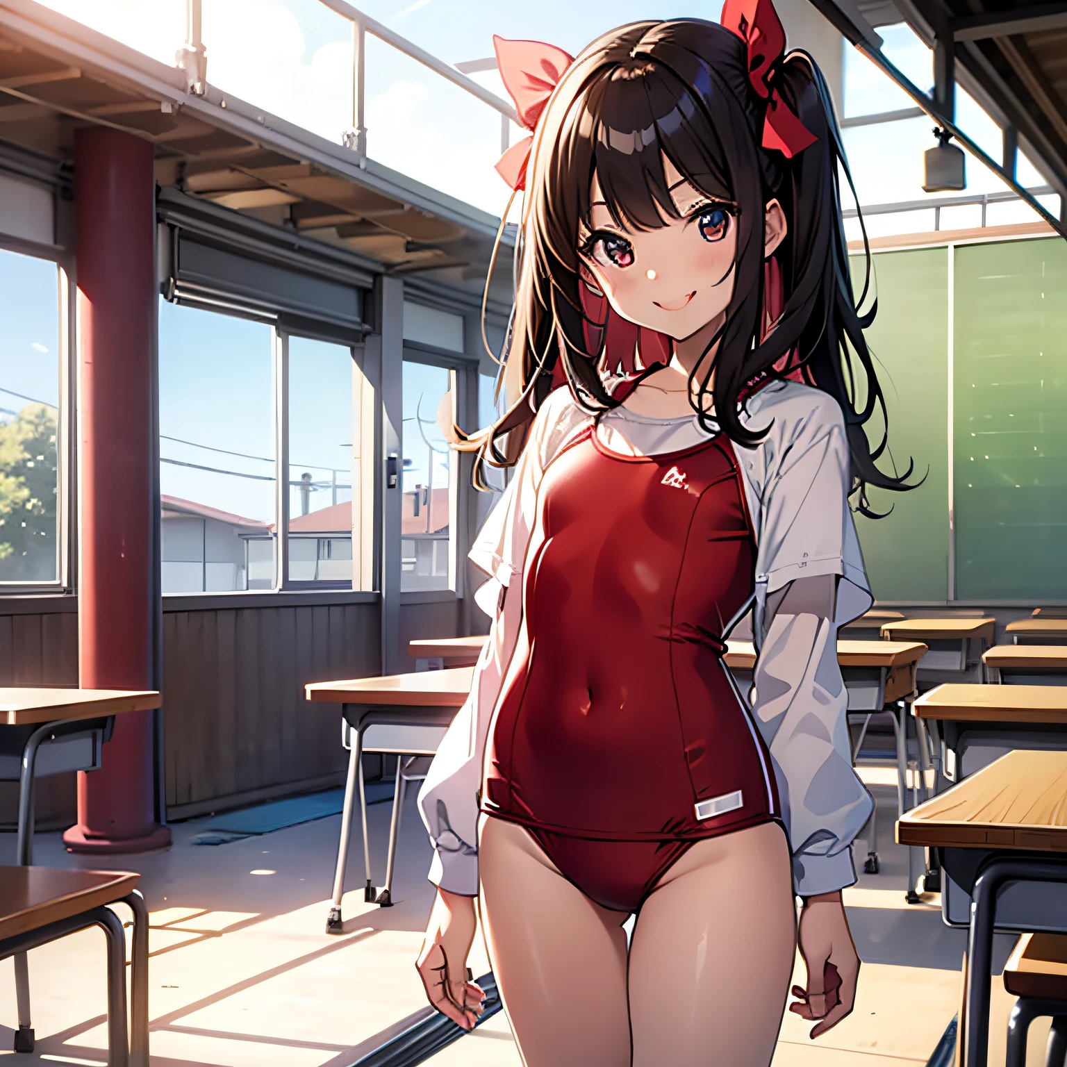 top-quality、extremely delicate and beautiful、Elementary school girls、5th grade elementary school、Red School Swimsuit、silly smile、A dark-haired、is standing、Twin-tailed