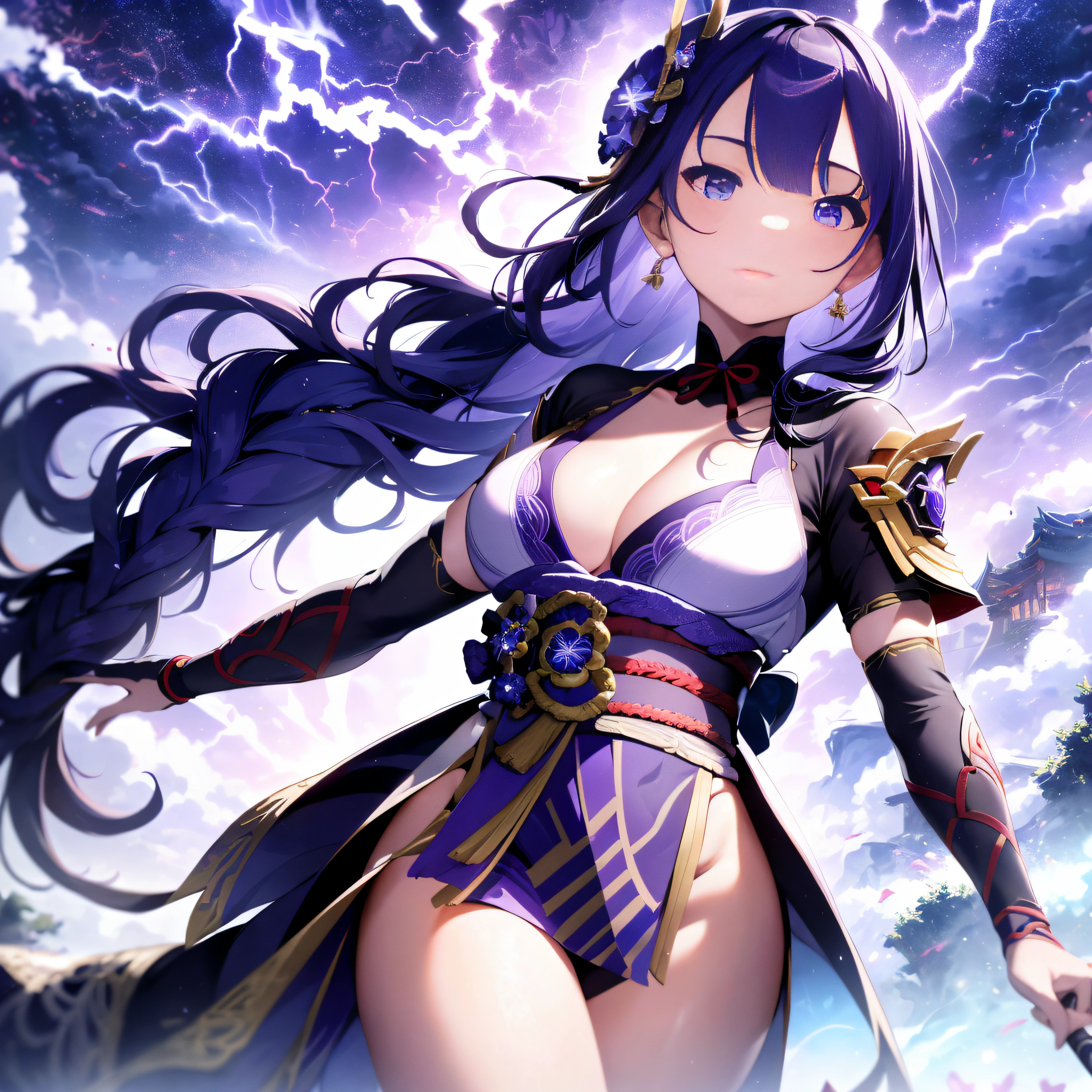 Create a breathtaking artwork capturing the enigmatic beauty and power of the character Raiden Shogun from Genshin Impact. Portray her standing atop the divine lightning, her ceremonial attire flowing majestically as she wields her polearm 'Musou Shinsetsu.' The backdrop should showcase the ephemeral splendor of the Inazuma landscape, with thunderstorms illuminating the horizon and the emblematic Shogun's palace faintly visible in the distance. Let the artwork evoke a sense of both reverence and mystery, capturing the essence of Raiden Shogun's character in all its glory, lightning sword, lightning aura.