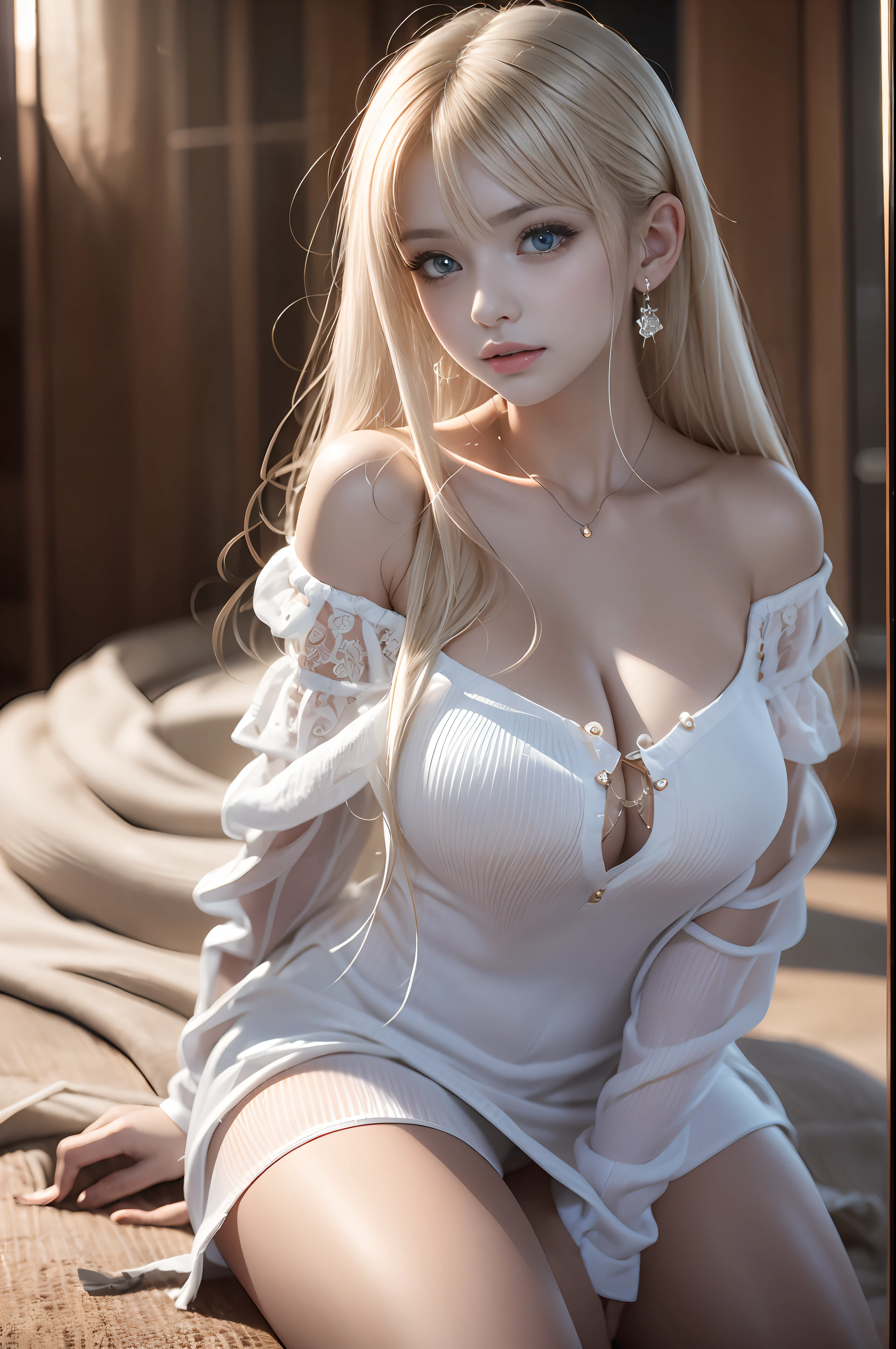 bright expression、Young shiny shiny white shiny skin、Best Looks、Blonde reflected light、Platinum blonde hair with dazzling highlights、shiny light hair,、Super long silky straight hair、Beautiful bangs that shine、Glowing crystal clear attractive big blue eyes、Very beautiful nice cute girl、Lush bust,Beautiful detailed eyes, beautiful detailed nose,(( Full body:1.5)),Makeup that the eyes emphasize、,(Women like Joan of Arc)、Royal style,Comic style, , Sub-surface scattering, ornate detail, nature backdrop, Hyper-realistic, ((Cinematic)), Dramatic Lighting, masutepiece、((Off-the-shoulder white shirt dress:1.4))、((Fight on the battlefield))、(Loose and fluffy perm:1.4)、1 girl in、((Bob Hair:1.3))、Ultra realistic 8K CG, Picture-perfect face, flawless, clean, masutepiece, Professional artwork, famousartwork, Perfect face, Beautiful face, Beautiful eyes, ((Perfect female body)), Solo,(Immersive atmosphere, Chiaroscuro:1.5,Bright light:1.2,Luminous lighting),(blush:0.5),fascinated expression,Extremely detailed_Eyes,thick thighs,Large breasts,beautifullydetailedbackground,depth of fields,Realistic:1.3, longshot,Sitting, Full body, (ambient lights:1.3),(Cinematic composition:1.3),(Neon light:0.1),(nffsw:0.1),Accent Lighting, pantyhose,Dynamic poses