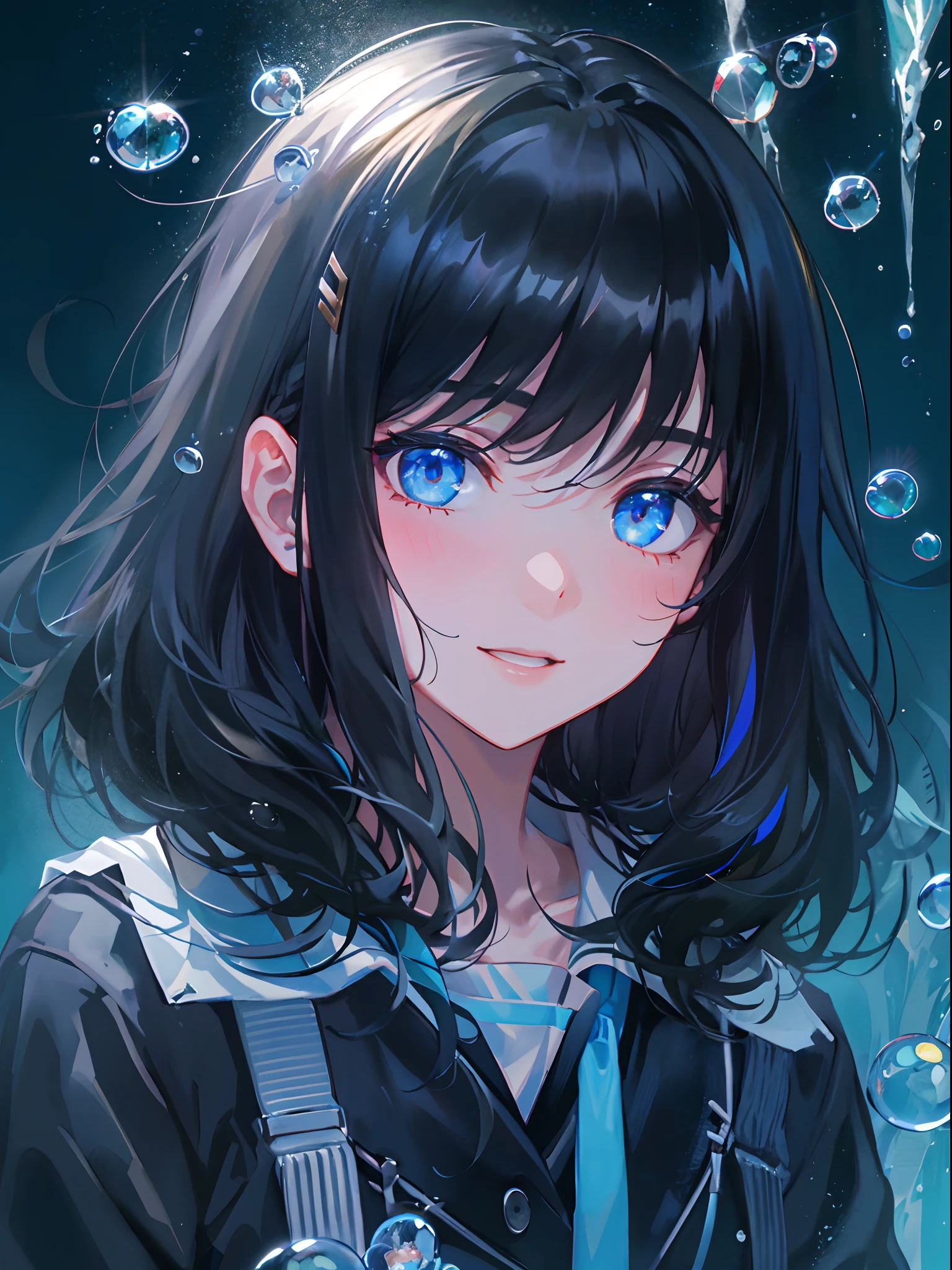 ((top-quality)), ((masterpiece)), ((ultra-detailliert)), (extremely delicate and beautiful), girl with, 独奏, cold attitude,((Black jacket)),She is very(relax)with the(Settled down)Looks,A dark-haired, depth of fields,evil smile,Bubble, under the water, Air bubble,bright light blue eyes,Inner color with black hair and light blue tips,Cold background,Bob Hair - Linear Art, shortpants、knee high socks、White uniform like school uniform、Light blue ribbon ties、Clothes are sheer、Hands in pockets