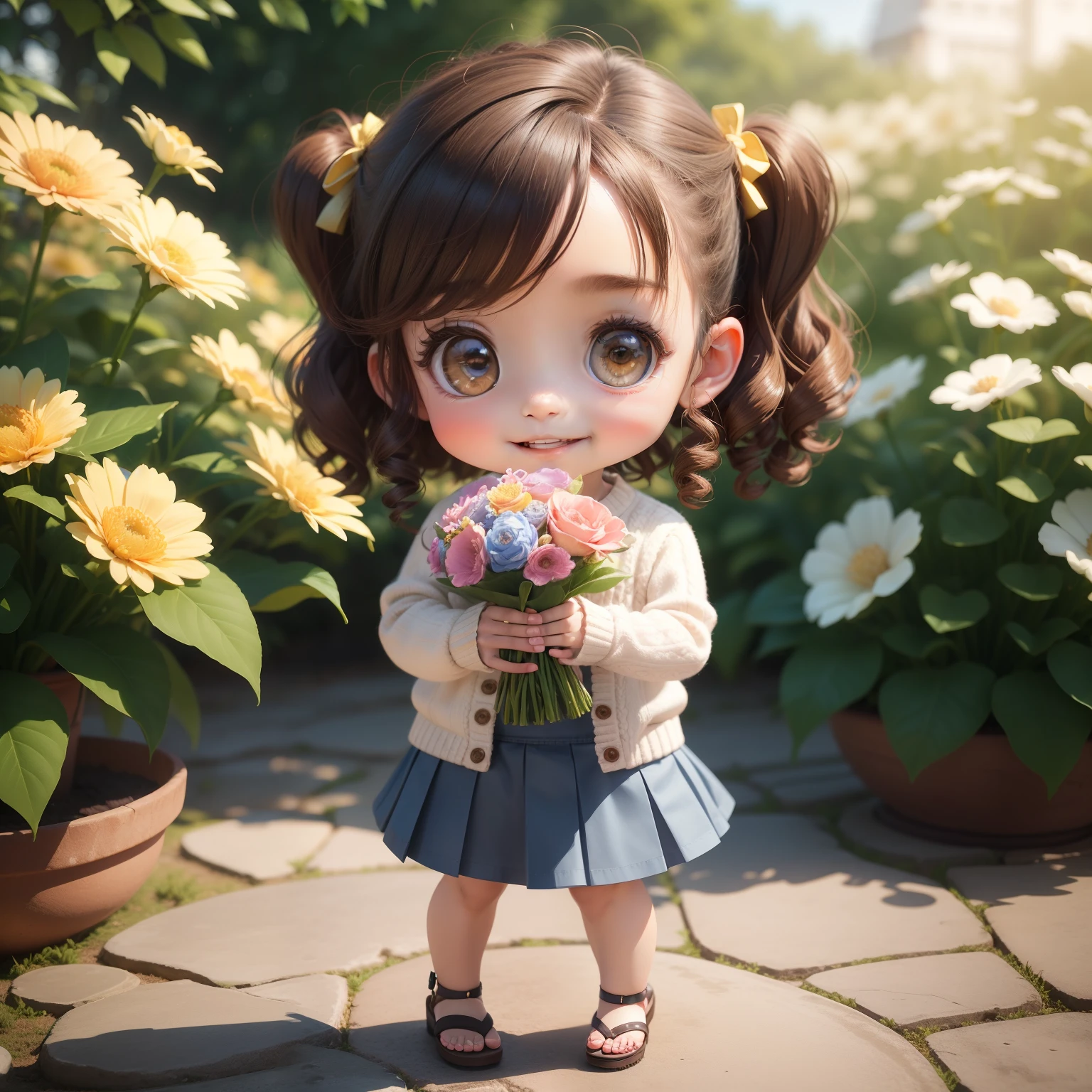 chibi 3d))) (Best Quality) (Master Price) Cute Baby Chibi Anime,Curly Sauvage Hairstyles with Brown Hair,A smile,Denim shirts and(Floral Pleated Skirt:1.2),Knitted sandals,The background is the Royal Botanic Gardens, Bouquet of flowers in both hands