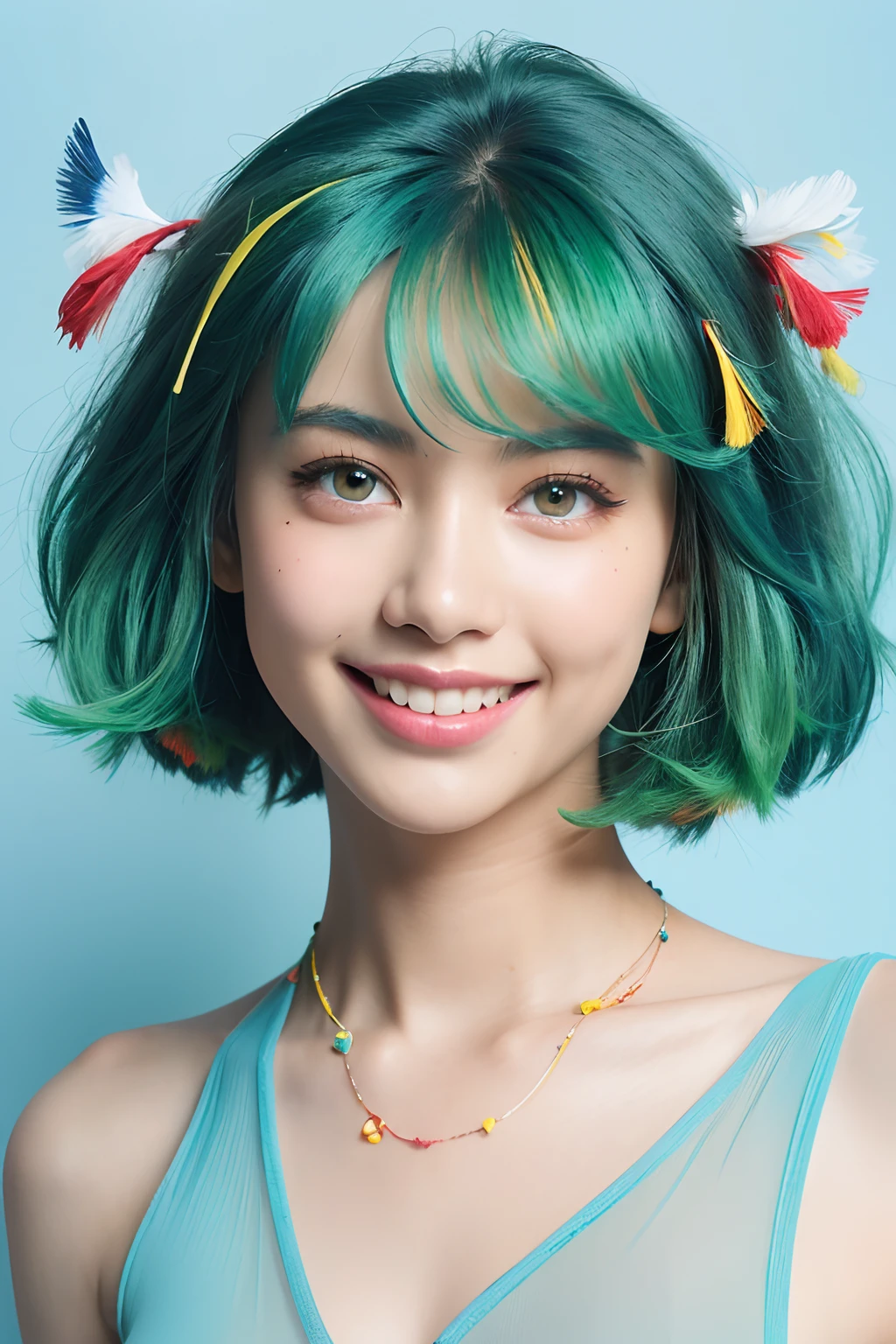 (extra detailed body、extra detailed face、best qualtiy:1.2)、femele、looking at the viewers、(Green mesh hair on white background、17 age、Outstanding smile、piercing of bird feathers down to the bottom of the shoulder,、a necklace、Tank top with blue and red and yellow bird feathers)、(Light blue wall on background:1.4)hippy。