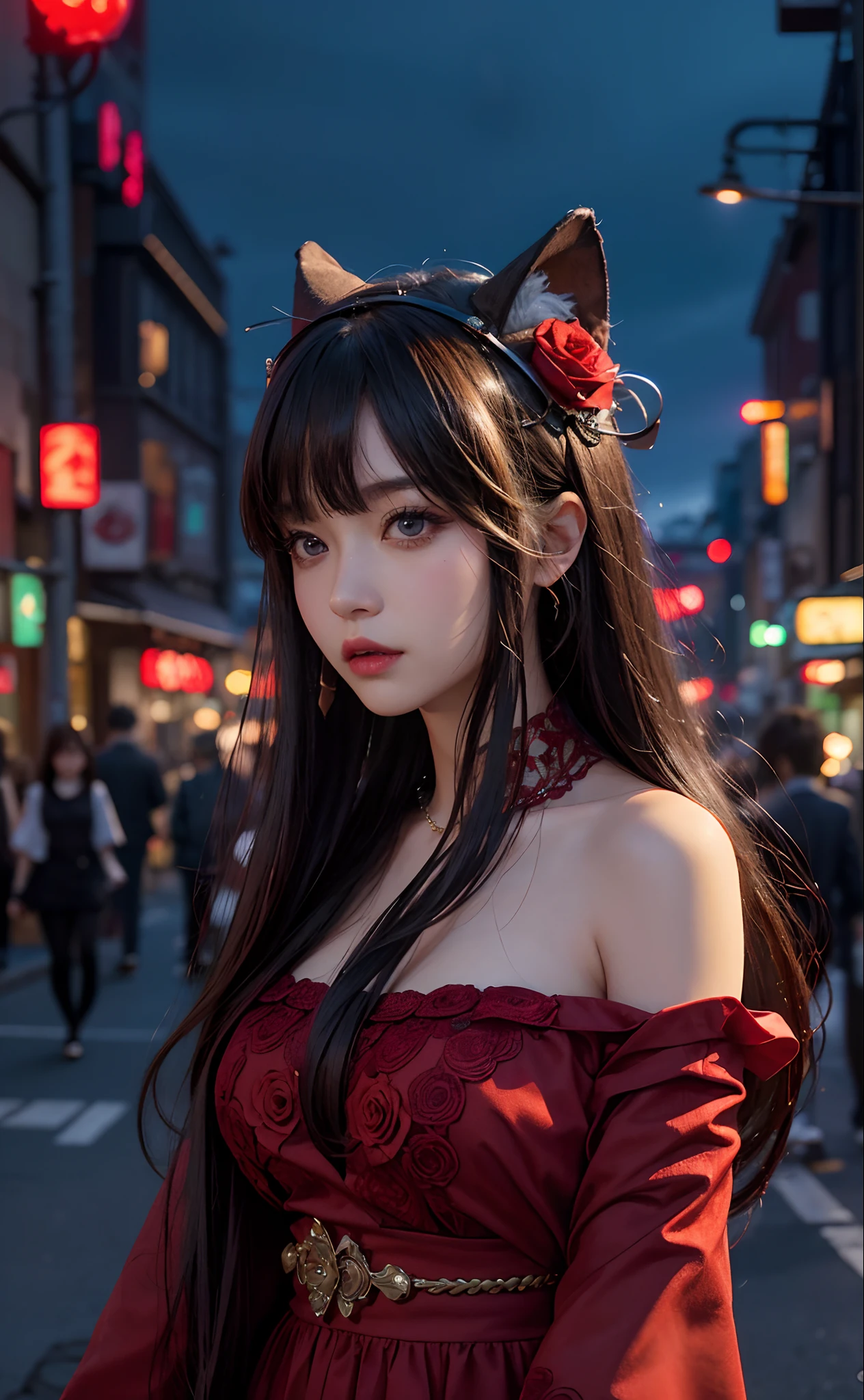 1girl, Tokyo street,night, cityscape,city lights, upper body,close-up, 8k, RAW photo, best quality, masterpiece,realistic, photo-realistic,headgear of red rose, parted bangs, long hair,