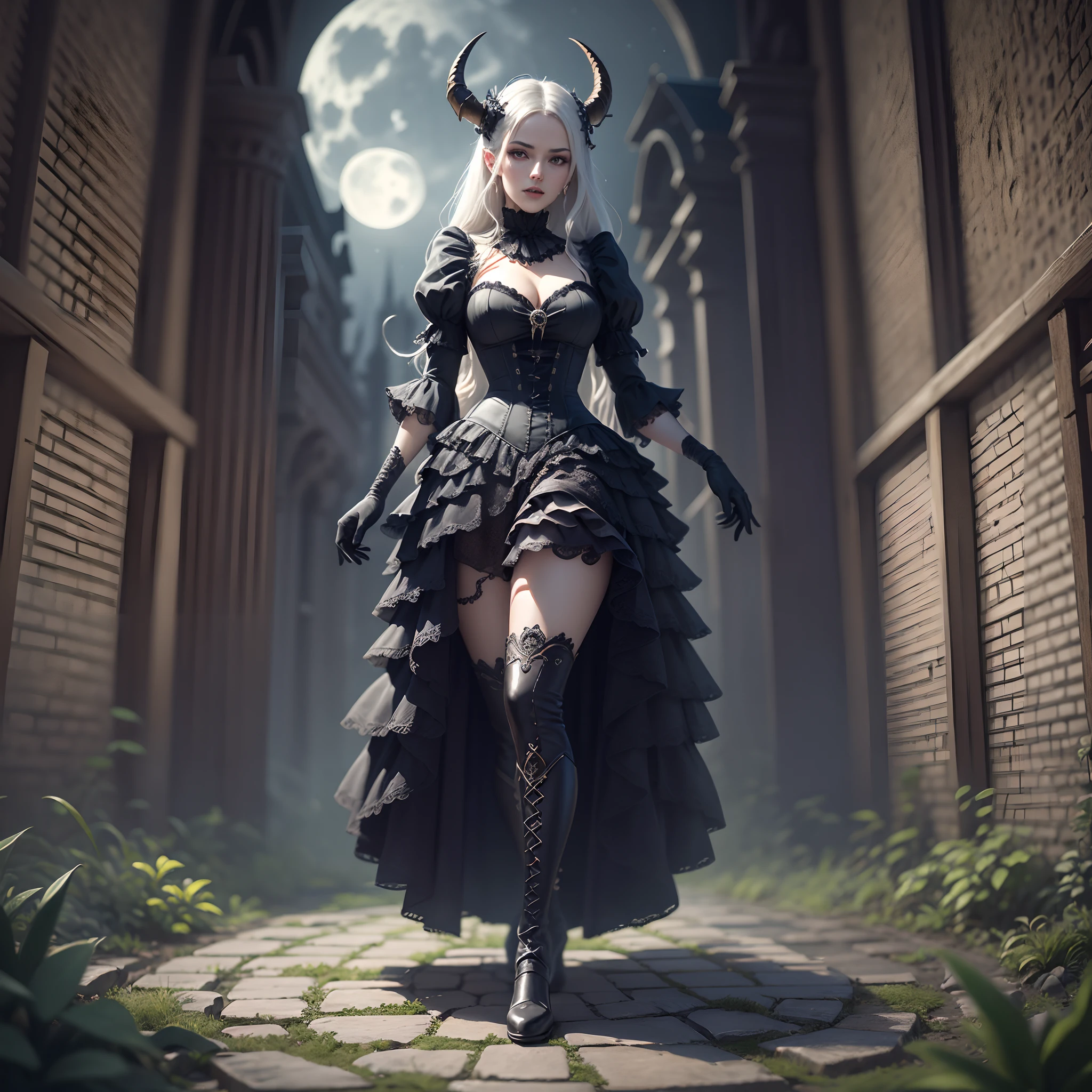 An elegant, hyperrealistic gothic creature woman with long fangs, horns, black eyes, long bushy tail, wearing an elegant gothic dress, gloves and boots, standing gracefully under moonlight, in a gothic architecture garden background, at midnight under a full moon, victorian era, extremely detailed intricate hyperrealistic illustration masterpiece artstyle, painted with an intimate subjective angle and perspective, cinematic ominous dramatic lighting, raytracing, octane rend --auto --s2