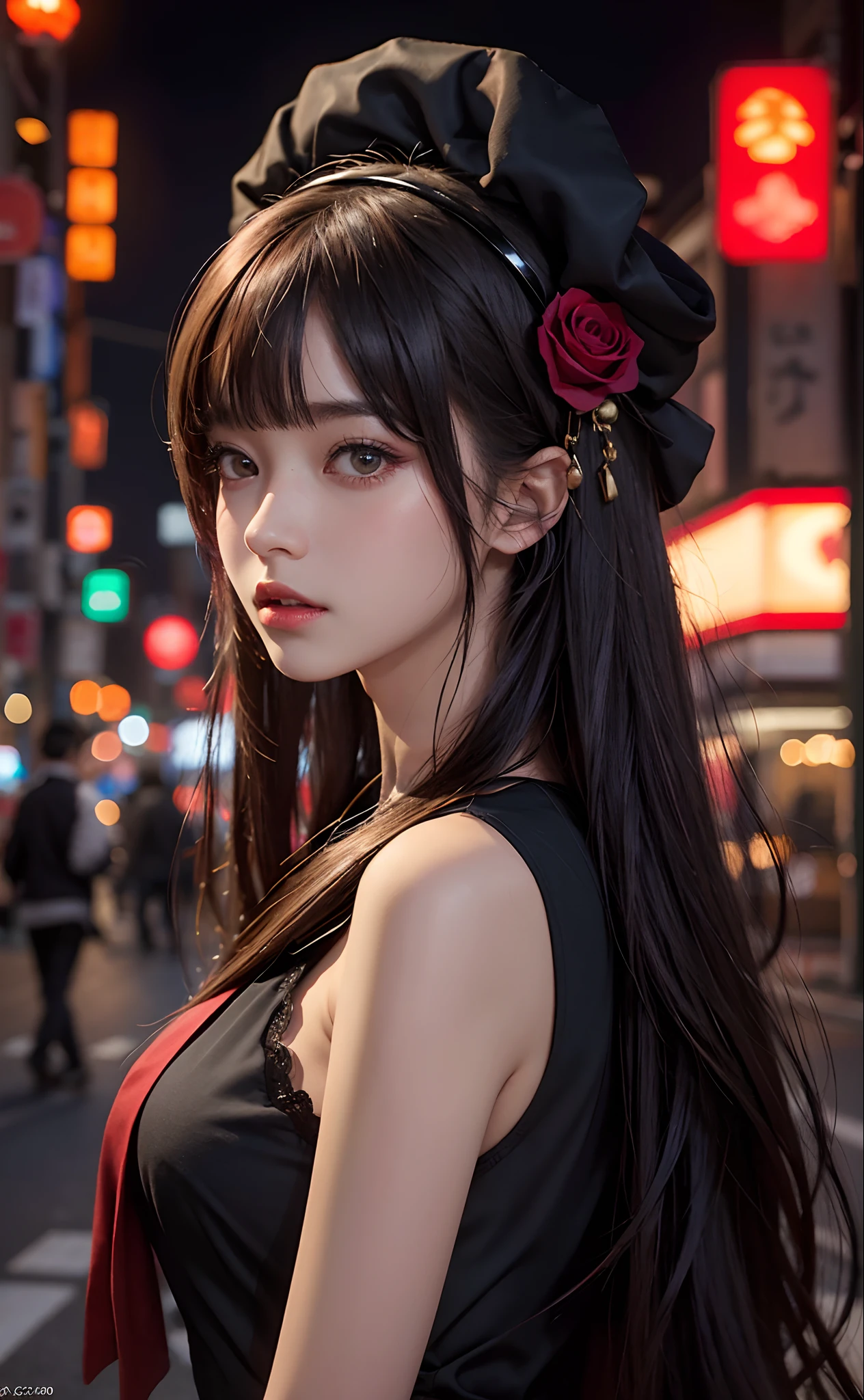 1girl, Tokyo street,night, cityscape,city lights, upper body,close-up, 8k, RAW photo, best quality, masterpiece,realistic, photo-realistic,headgear of red rose, parted bangs, long hair,