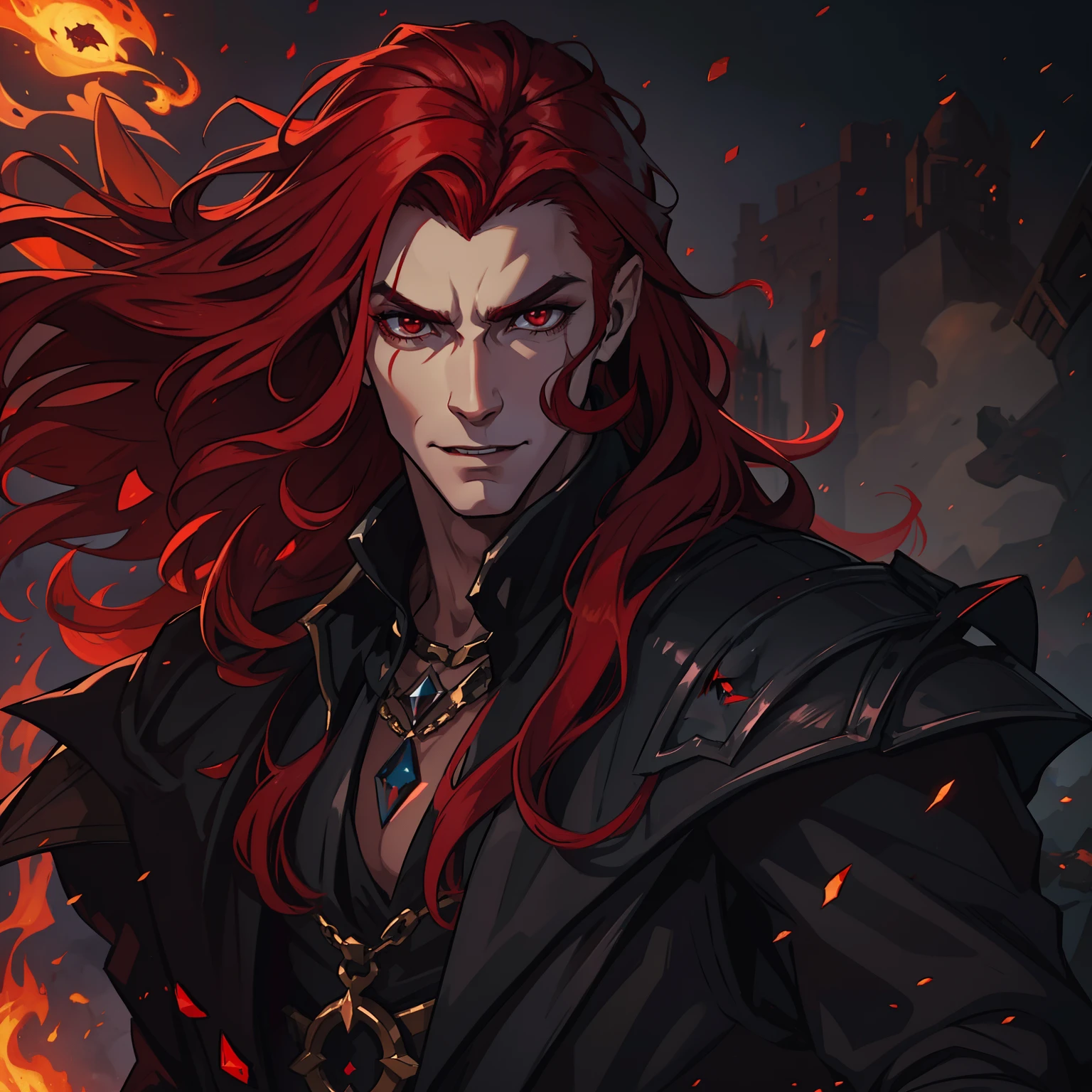 A handsome man with long red hair and red eyes, like a king of dragons in a dark castle of black rocks, dark colors, he is wearing clothes of a dark and elegant king, like an attractive villain with a seductive smile and a sexy seductive look, is the villain of an RPG is wearing dark medieval clothes; Use dark shades The image has to portray the essence of a villain in clothes of: dragon the essence of fire she is inspired by volcanoes her dark essence through a medieval RPG art Conceptual Game Art rpg medieval art art illustration rpg he is young and beautiful a villain with an impressive beauty like that of a seductive vampire a villain smile with a gentle look