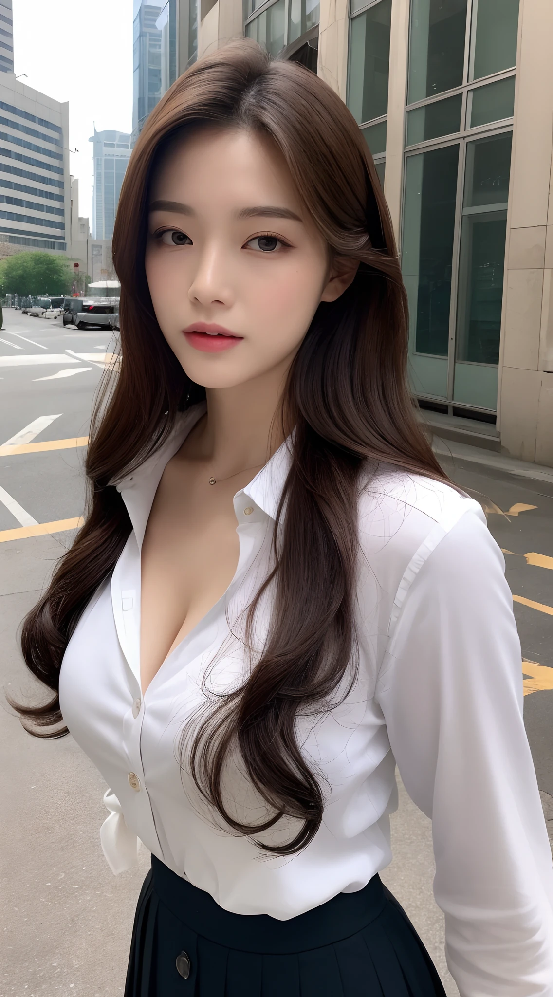 (Bestquality,high resolusion,a masterpiece:1.3),Unfastened buttons,A tall and pretty woman,Slender Abs,Dark brown hair in loose wavy styling,breast cleavage,White button up shirt,black pleated skirt,(Modern architecture in background),The details in the facial and skin textures are beautifully rendered,Detailed eyes,Double eyelidd,from above