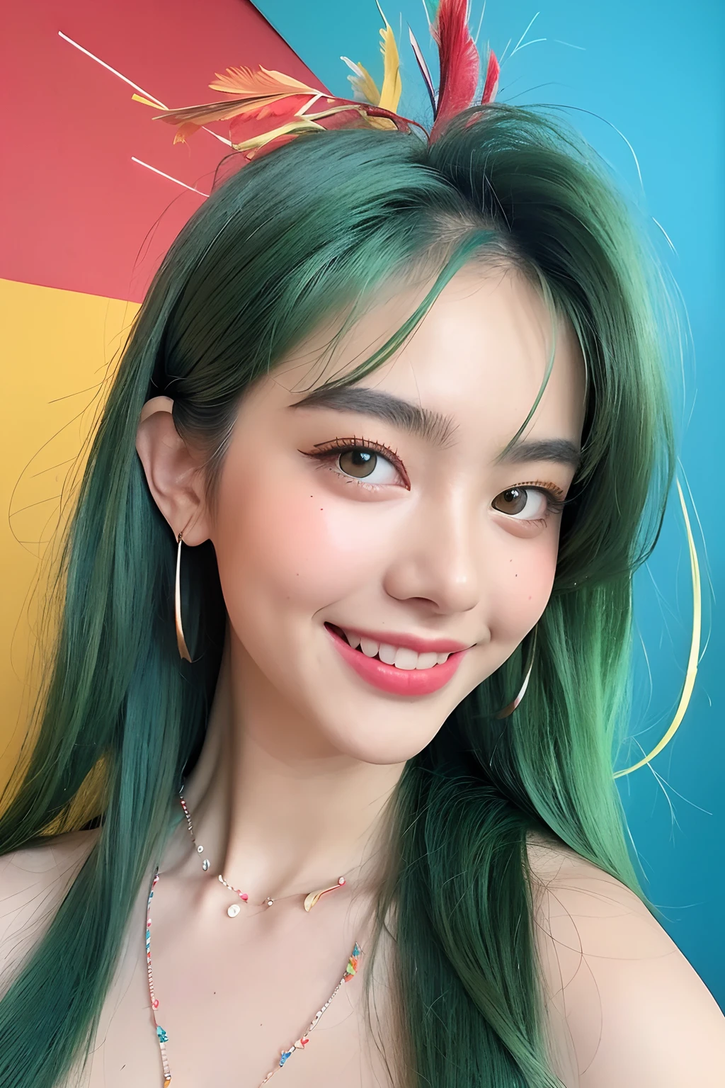 (extra detailed body、extra detailed face、best qualtiy:1.2)、femele、looking at the viewers、(Green mesh hair on white background、、Outstanding smile、Piercing of bird feathers up to the shoulder、a necklace、Tank top with blue and red and yellow bird feathers)、(Light blue wall on background:1.4)