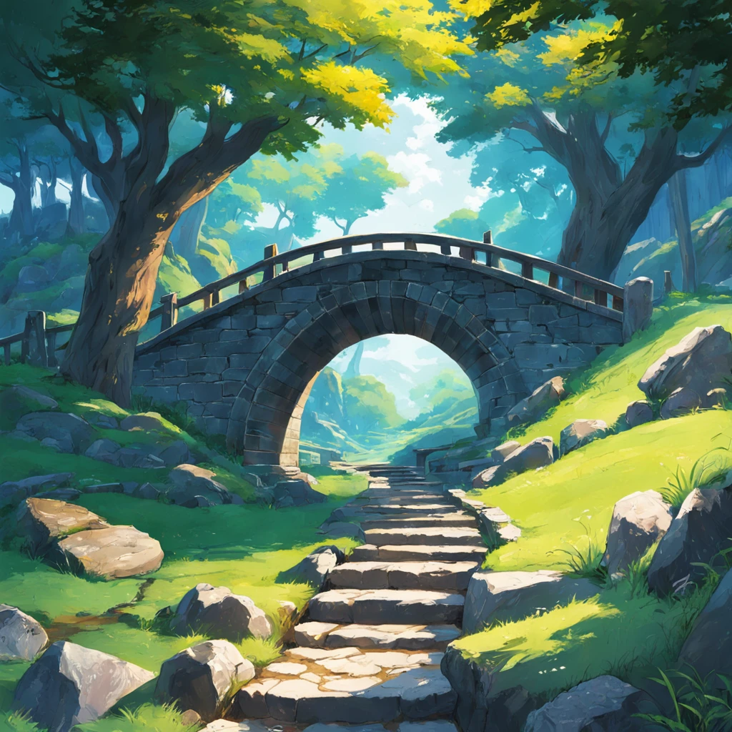 8K, best quality, masterpiece, scenery, a winding stone bridge, dry river, small forest, three stone houses, green trees