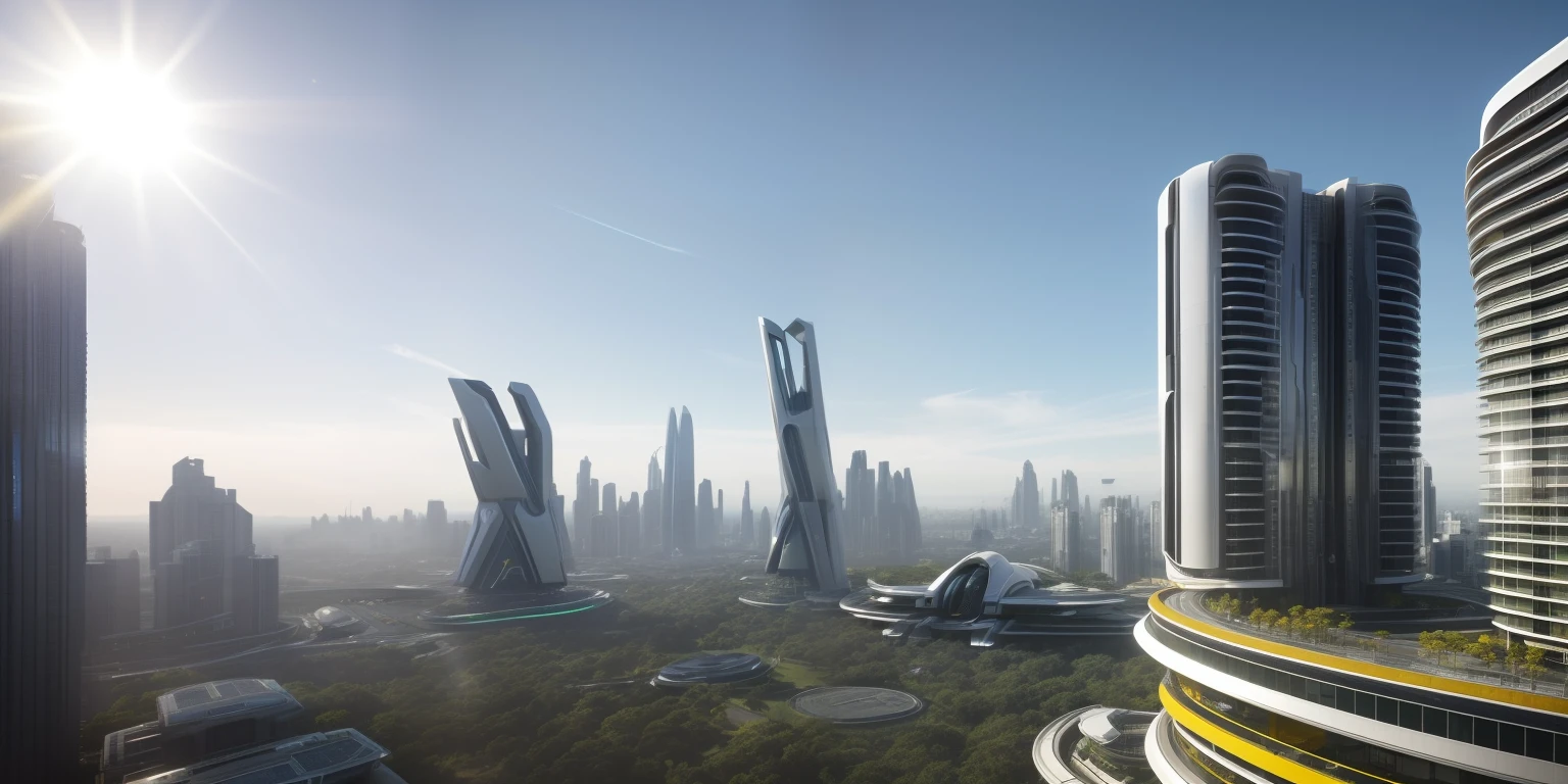 About futuristic complexes，1.4, Cinematic lighting:1.3, 1-way, (Masterpiece),(High quality), Best quality, Real,(Realistic),(Yellow sunlight:1.2), blue clear skies:1.4, sunlights:1.2, , Super detailed, (fulldetail),(4K),8K Unreal Engineer rendering, Arch daily, No Man, Outdoors, White light from the interior:1.2, sky, tree,High-rise buildings without load-bearing columns。Many buildings are framed by a huge main body。Futuristic，asymmetrical design