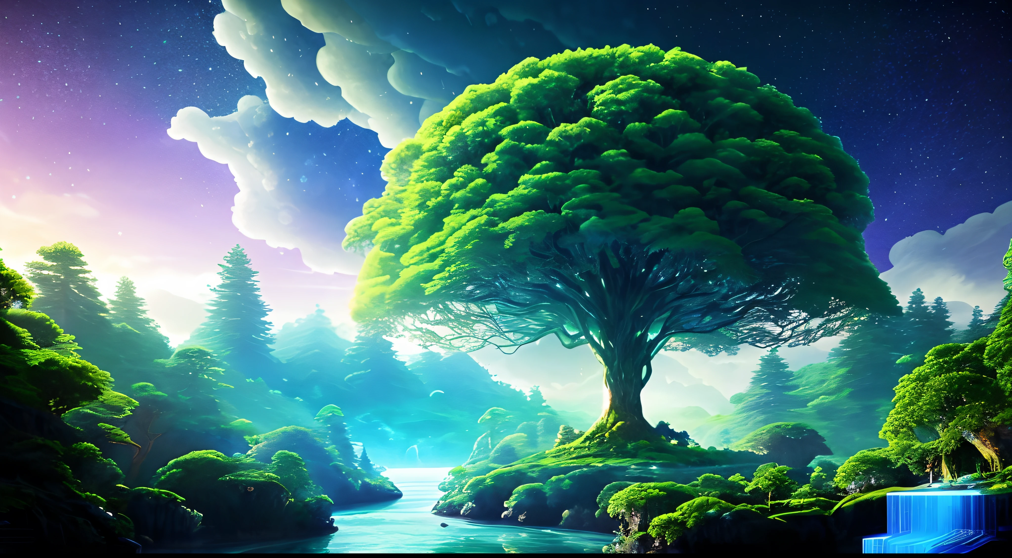 Illustration of a surreal, otherworldly, hyper sky scene including a giant crystal tree full body, highly detailed and magical lighting, intricate forest details, vegetation and surrounding river, solar punk, landscape, giant tree , beautiful green leaves, beautiful lighting and realistic proportions, as if this is a movie background, 8k, highest quality, masterpiece, clouds and stars in the sky.