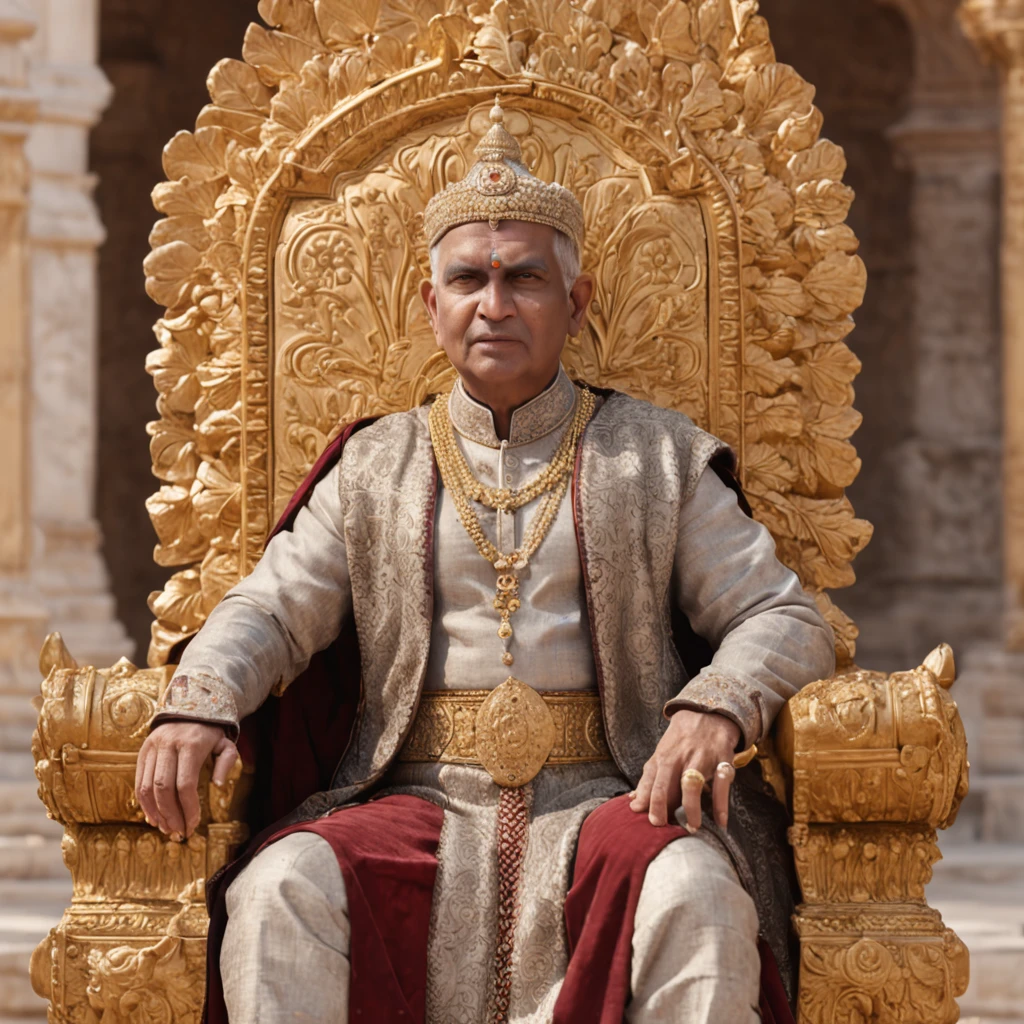 (professional 3d render:1.3) af (Realistic:1.3) most beautiful artwork photo in the world，King of Hastinapur,Ancient India, sitting in a stylish pose on a golden throne, Black hair, gleaming crown, bright amber eyes, wealth all around him. Surrounded by floating blossom, cascade of gold . Background is india throne hall, further highlighting the brightness and opulence of the scene., Fantastic location, Majestic cluttered environment)), full body 8k unity render, action  shot, skin pore, very dark lighting, heavyshading, Detailed, Detailed face, (vibrant, photograph realistic, Realistic, Dramatic, Dark, Sharp focus, 8K),CGSesociety,art  stations