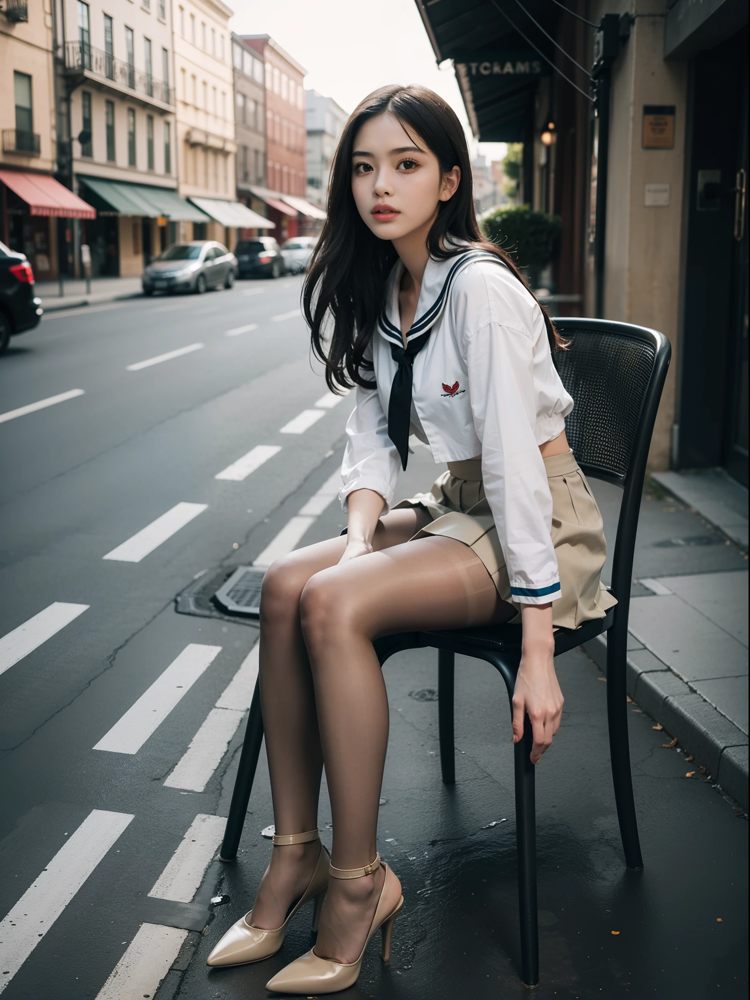 (full body:1.5),((1girl):1.4),(view the viewer:1.4),(anatomy correct:1.3),(Sitting on a chair by the street:1.2),(A yellow and white Sailor suit and checkered high waisted pleated skirt :1.2),((tan Pantyhose):1.3),( girl pointed thick heels :1.1),(Foot ring:1.3),(Accurate and perfect face:1.3),hyper HD, Ray traching, reflective light, structurally correct, Award-Awarded, high detail, lighten shade contrast, Face lighting ,cinematic lighting, masterpiece, super detailing, high quality, high detail, best quality, 16k,High contrast,