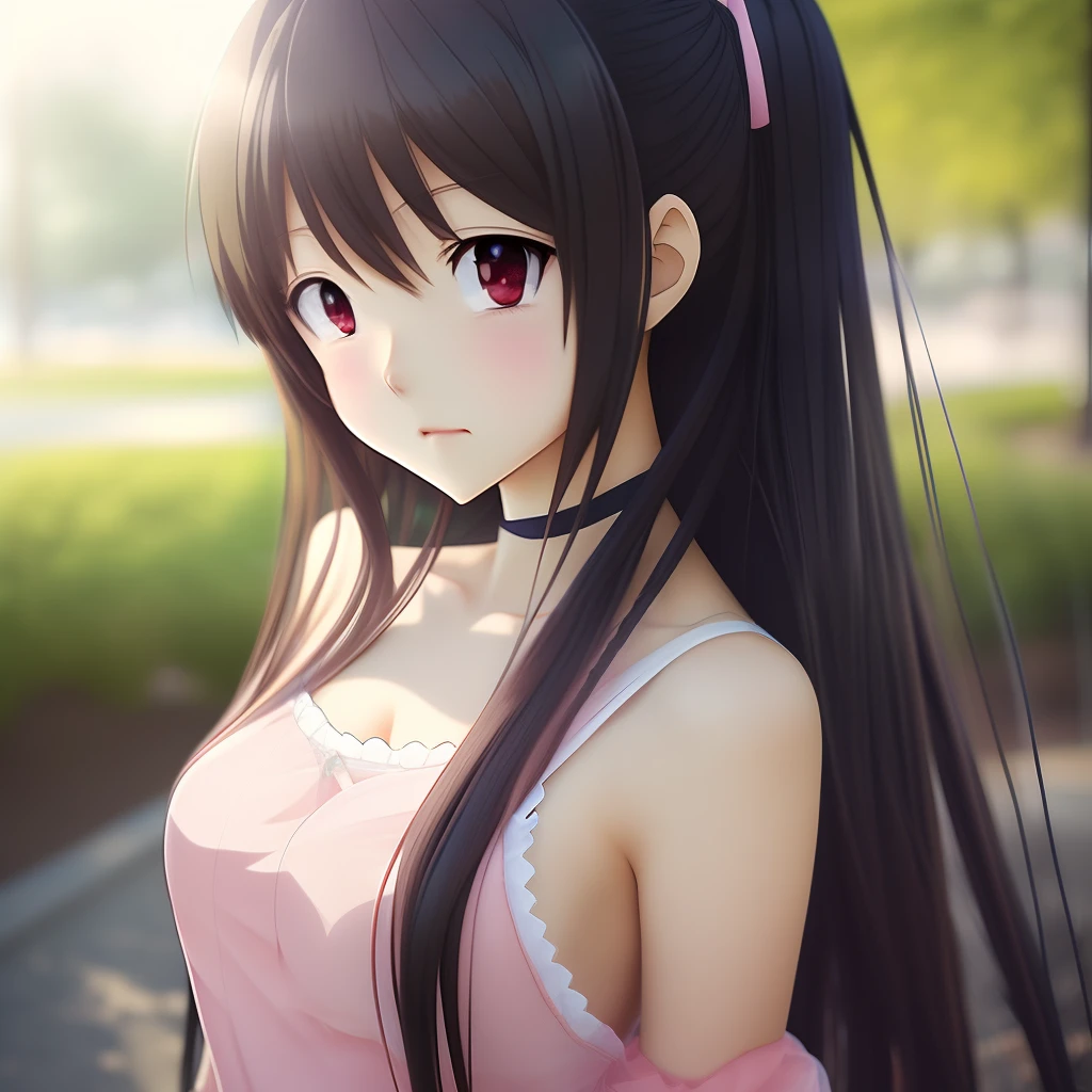 Anime girl wearing skirt that transparent so her underwear can be seen. The girl is at a park sitting down on park bench