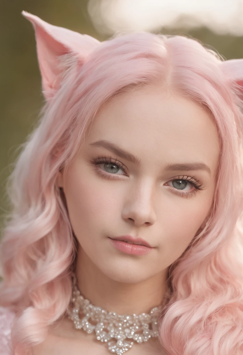 a beauty girl,in pink,nakeness,is shy,cat ear,Beast tail,Face full of milk