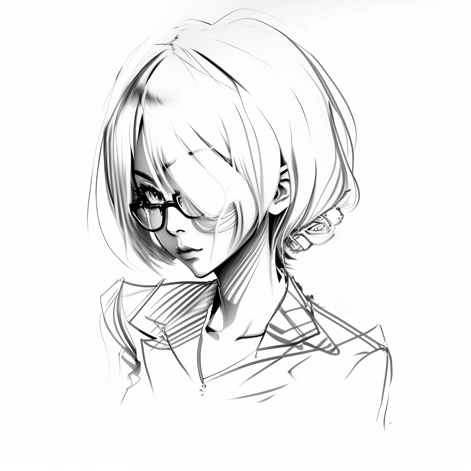 Draw a woman with glasses and a tie, Line sketch, ink pen sketch, Line sketch!!, Ink sketch, anime sketch, black ink rough sketch, scribble sketch, ink manga drawing, Pen sketch, thick line drawing, author:Love light, face line drawing, ink and watercolor painting, loose pencil sketch, sketchy expressive linework, intense line art