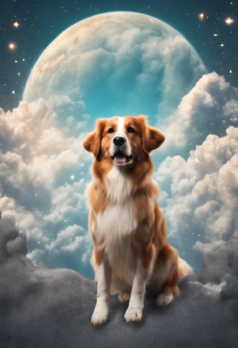 a cute dog in a cloud over some stars framed by clouds on a wall, in the style of digital collage, dreamlike scenarios, animated gifs, ethereal dreamscapes, light brown and sky-blue, tarot card, eiichiro oda