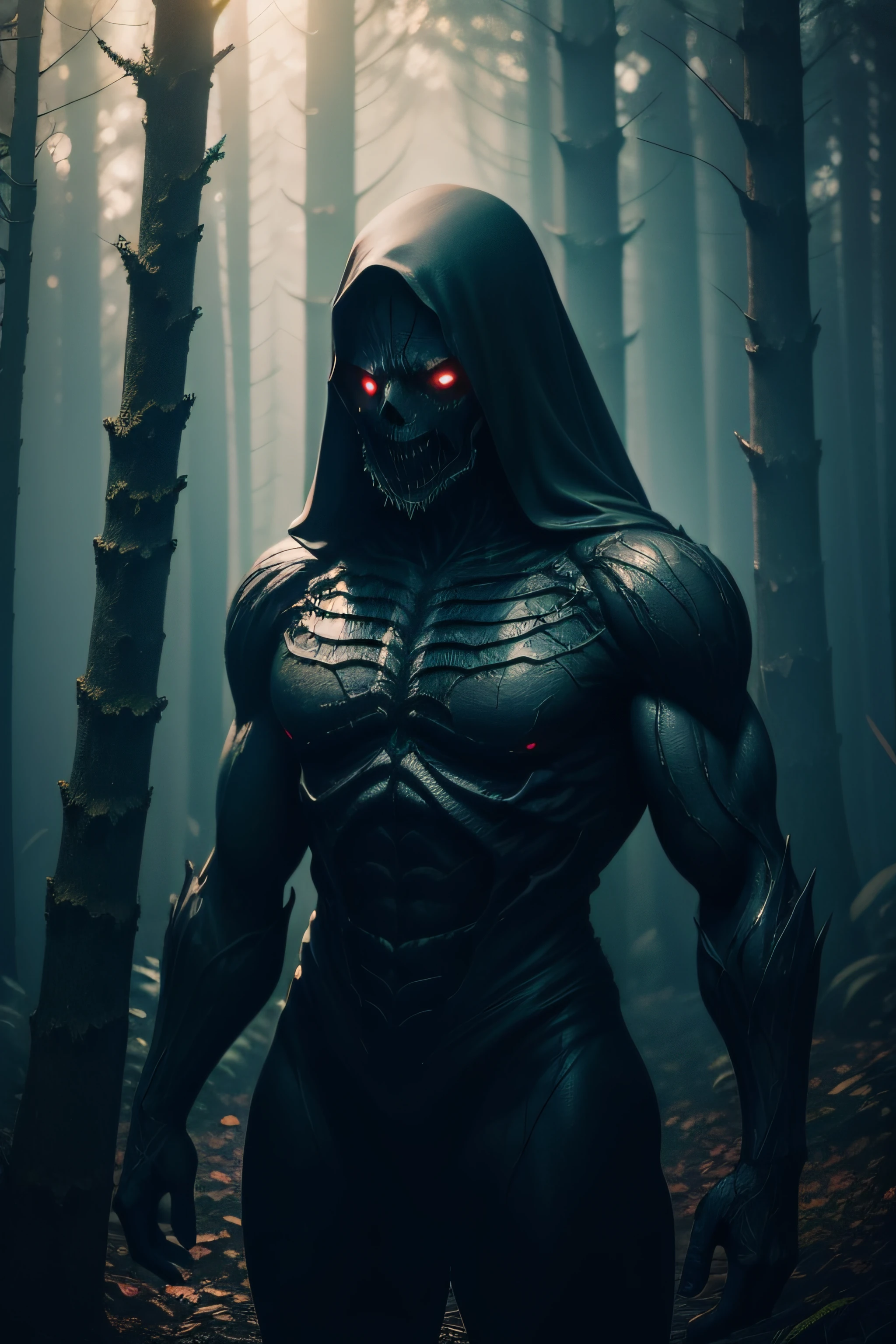 A dark lovercraftian figure in dense woods at night, realistic, cgi. Make it look terrifying