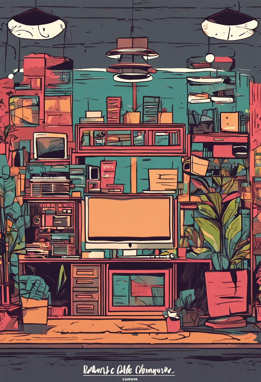 estilo cartunesco,No fundo da noite,office room,Designers trabalhando na frente de um computador,hair messy,Olheiras,coffee shop,Uma planta,Detalhes ricos,A luz suave,tmasterpiece, cabelos loiro