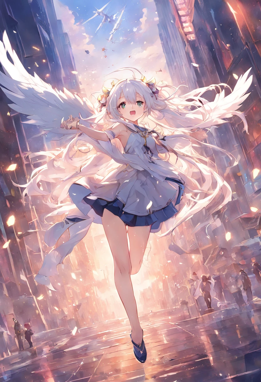 Anime girl with long white hair and white wings flying over the city, Official anime artwork, high detailed official artwork, Official artwork, Detailed key anime art, macross delta splash art, A scene from the《azur lane》videogame, offcial art, light novel cover art, white-haired god, key art, Ayaka Genshin impact, Epic light novel art cover