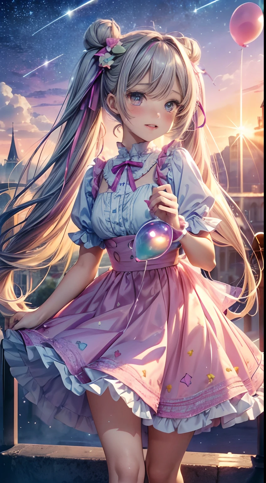 (fullllbody, Legs and shoes are visible: 1.2)) Expressive eyes, Woman, pale skin, Long hair, wind blown hair, ((absurdly long hair)), long sidelocks, Princess bangs, Hair fringe, Hair bun, ((very long twintails)), Iridescent hair, Light pink hair, Blushing, Full face blush, Big shining pastel purple eyes, (Gradient Eyes), Smile with open mouth, Cute Pose, ((holding balloons : 1.3)) 
((Cute and pastel fashion)) ((🌞🥳😃🌹🌷🌳 theme : 1.4)) Flowing pastel dresses, ((Dreamy multicolored open dresses)), (floating ribbon), Lavender ruffles, Pink ruffles, (Light blue lace), Detached short sleeves, Puffy skirt, ((Rainbow and star printed skirt : 1.3)), Lolita skirt, Purple bow, ((Pom Pom Ribbon Hair Ornament : 1.4)), Multiple bows, Striped Lace Stockings, (Heart-shaped leg garter), Cute (Pastel purple) shoes ((Highly detailed clothes and fashion)) looking at you, Vintage Girl, Blushing, (Beautiful detailed eyes), (the Extremely Detailed CG Unity 8K Wallpapers) (Best Shadow), ((extremely delicate and beautiful)), (Detailed light), ((depth of fields)) Big head, Big sparkling eyes, Moe, Splash Art, Cinematic lighting, Frontal view, volumetric lighting maximalism photo illustration 64k resolution high resolution intricately detailed complex keys visuals precise linear 
((Dreamy pastel sky background, Surrounded by sunset clouds, shooting stars, Castle in the clouds)) ((Ultra-detailed landscapes, Foggy clouds, Hung by balloons, inner strength : 1.3))