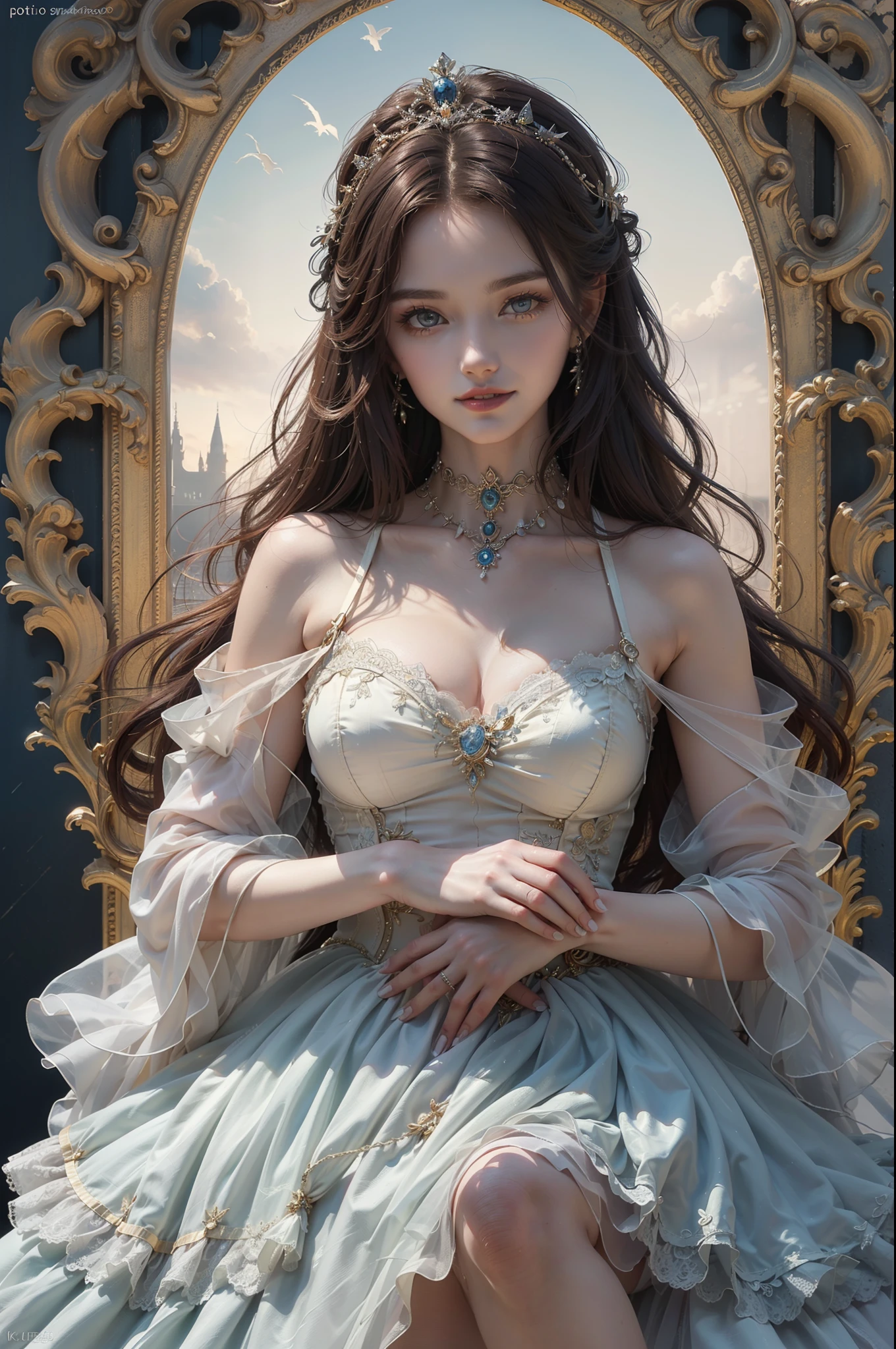 ((top-quality、​masterpiece、photographrealistic:1.4、in 8K))、Beautiful Woman And Dragon、18year old、beautiful expression、extremely detailed eye and face、beatiful detailed eyes、（Luxury dresses in the style of medieval Europe、Princess）、Luxury accessories、（Princess and dragon in European ruins）、The tree、Skysky、Cinematic lighting、Textured skin、Super Detail、high detailing、High quality、hight resolution、Looking at Viewer、Elegant smile、Full body、europian