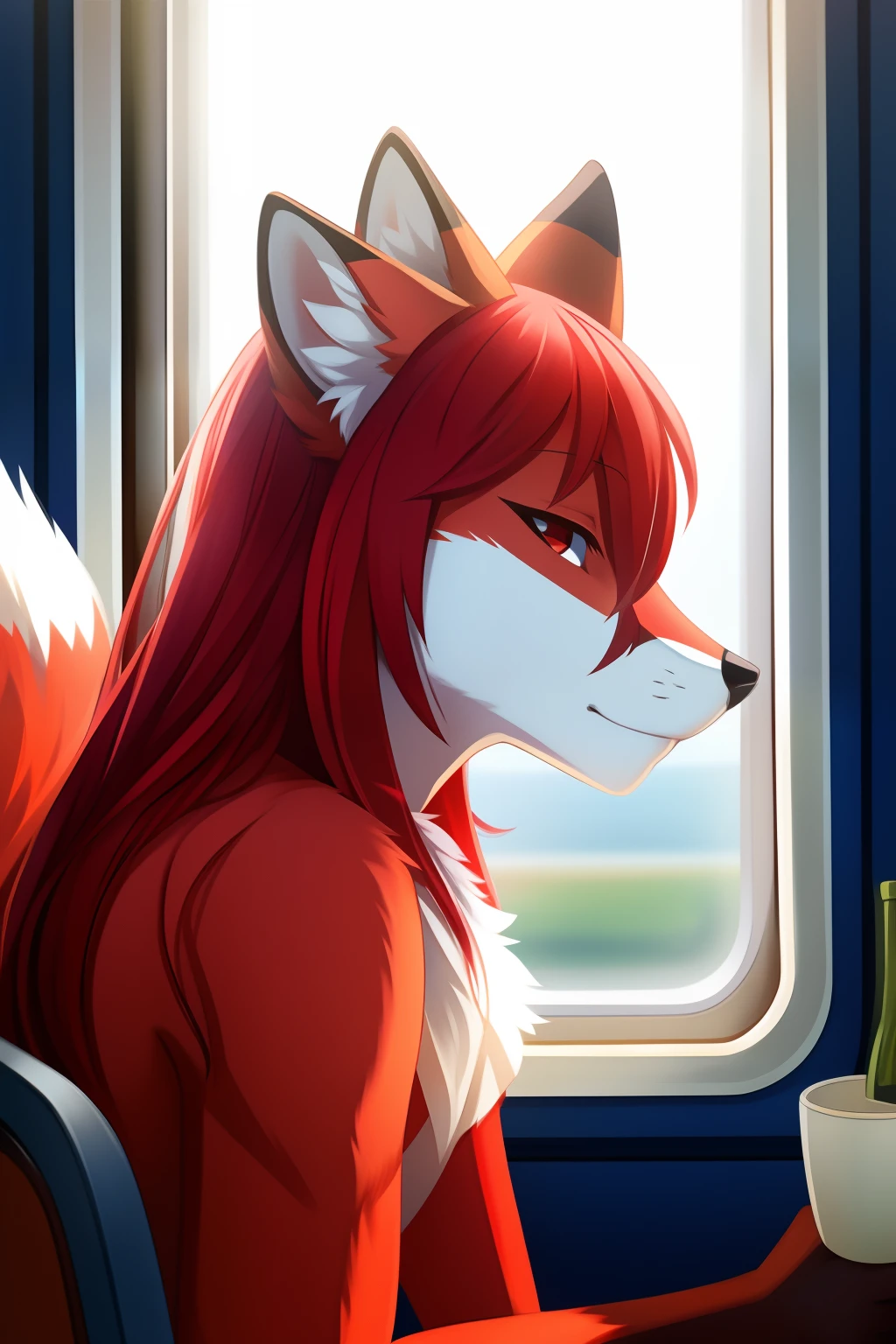 red fox,Libido boy,Light red fur,Sit on the high-speed train,Look inside from the window,夏天,Gamine