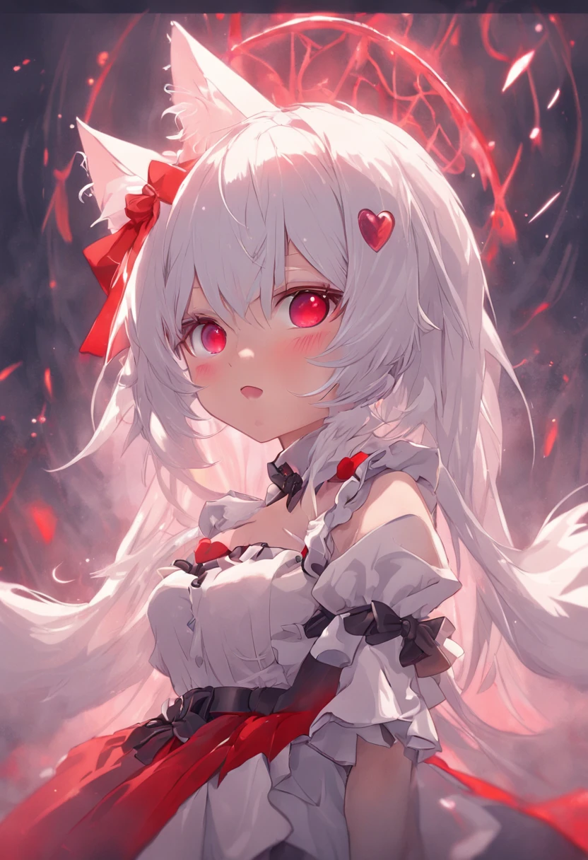 white hair, maid headdress, heart-shaped pupils, heterochromia, red eyes, white eyes, cat ears, shy, blush, puckered lips, heart in eye, anime style, UHD, retina, masterpiece, anatomically correct, textured skin, high details, super detail, high quality, best quality, highres, 16k