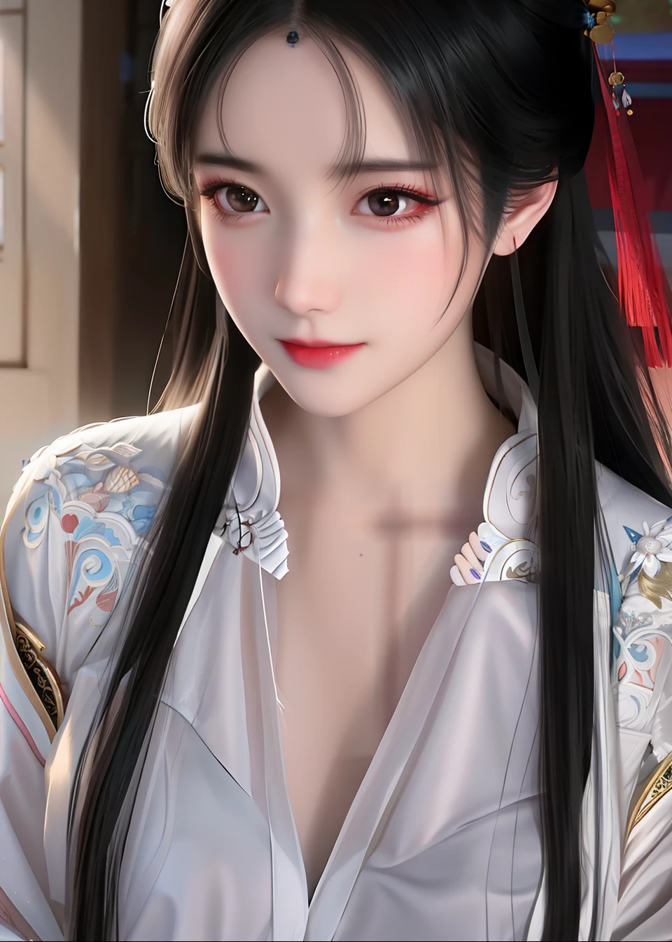 a close up of a woman with long black hair wearing a white dress, Palace , A girl in Hanfu, Chinese girl, author:Fan Qi, Beautiful character painting, by Yang J, cute delicate face, author:Li Fangying, Chinese style, Realistic. Cheng Yi, beautiful and seductive anime woman, white hime cut hairstyle, author:Zhou Wenjing, Beautiful anime woman