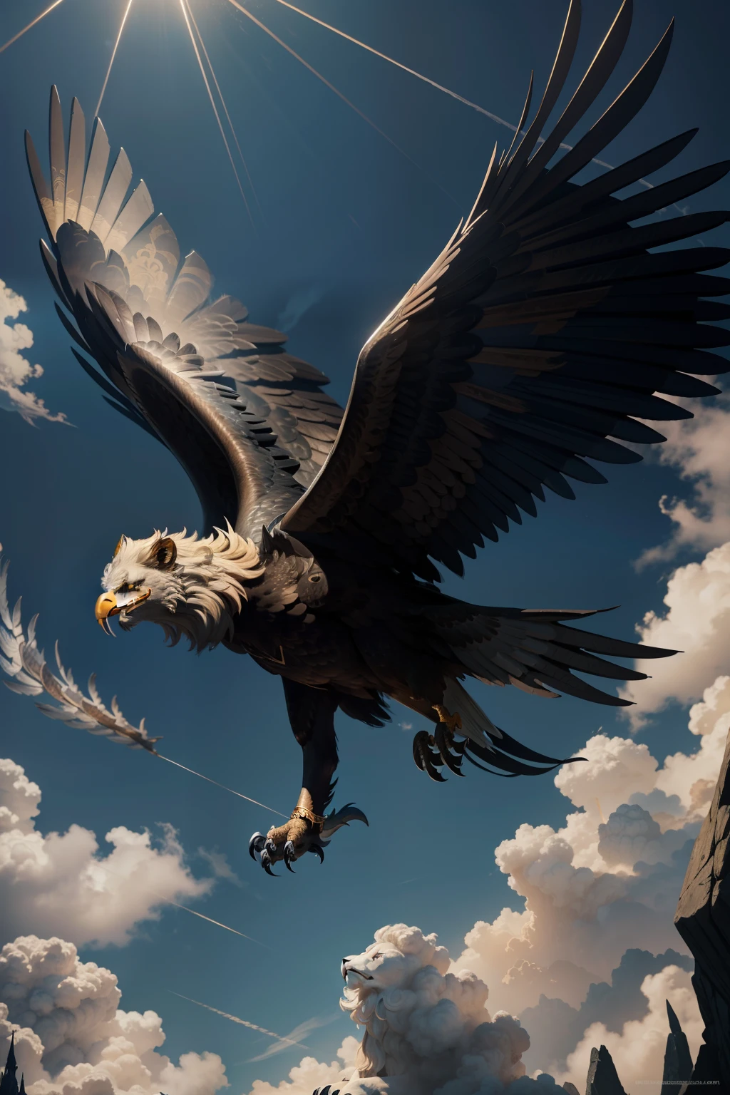 dark fantasy, 2d game maker art, mythical creature griffon is fused lion body and eagle, flying in the upper sky, blue sky background, natural lighting, brown eyes, rich colors and dark palette, add light painting coloring, intricate detail texture, intricate detailed, tonal contrast, toon rendering, super fine illustration, ultra quality, best quality, high quality, insanely detailed, 16k, extremely detailed,