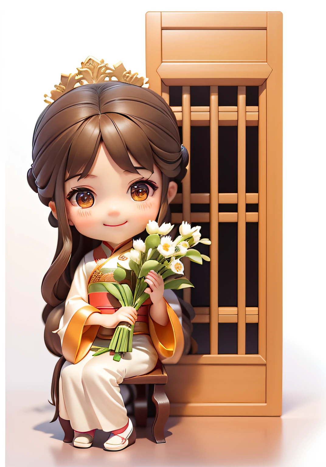 A cute little girl sitting，long whitr hair，brownish black hair，Wearing Hanfu，smiling expression，Holding a bouquet of tulips，There is a screen in the background
