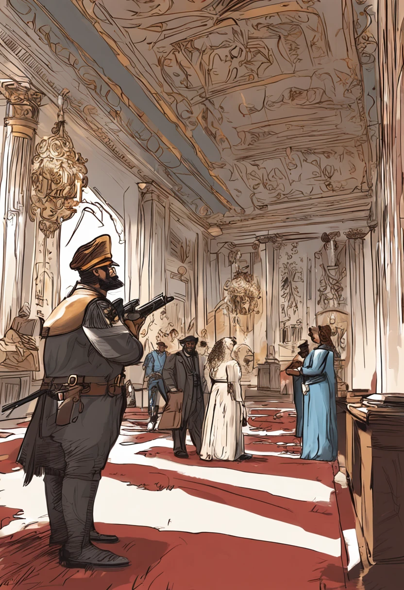 palaces,court room,The sheriff approves the documents,White-blond curls,feather quill,Long red carpet,Stately atmosphere,High quality paintings