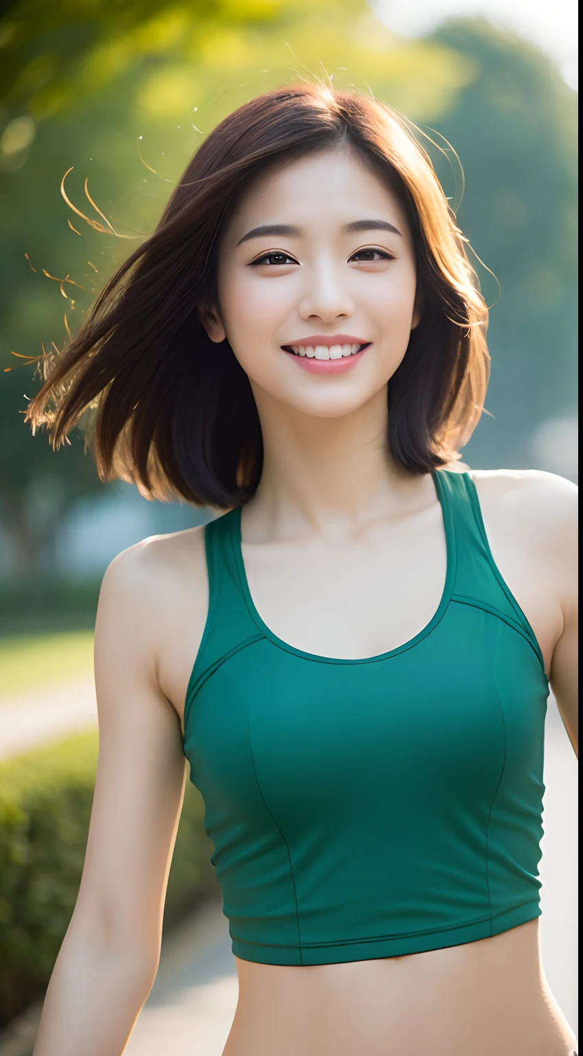 ((Top Quality, 8k, Masterpiece: 1.3)), Sharp Focus: 1.2, Perfect Body Shape Pretty Woman: 1.4, Slender Abs: 1.2, (Layered Haircut, Big: 1.8), (Sports Bra: 2.0), (Jogging: 1.8), (Street: 1.2), Highly Detailed Face and Skin Texture, Detailed Eyes, Double Eyelids, Smile, Bokeh,